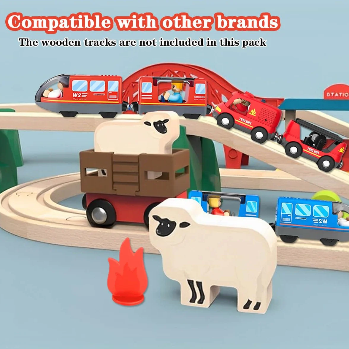 LiRiQi Camion de Pompiers Son et Lumière, Train Magnétique Enfant Compatible Brio Thomas Rails Bois