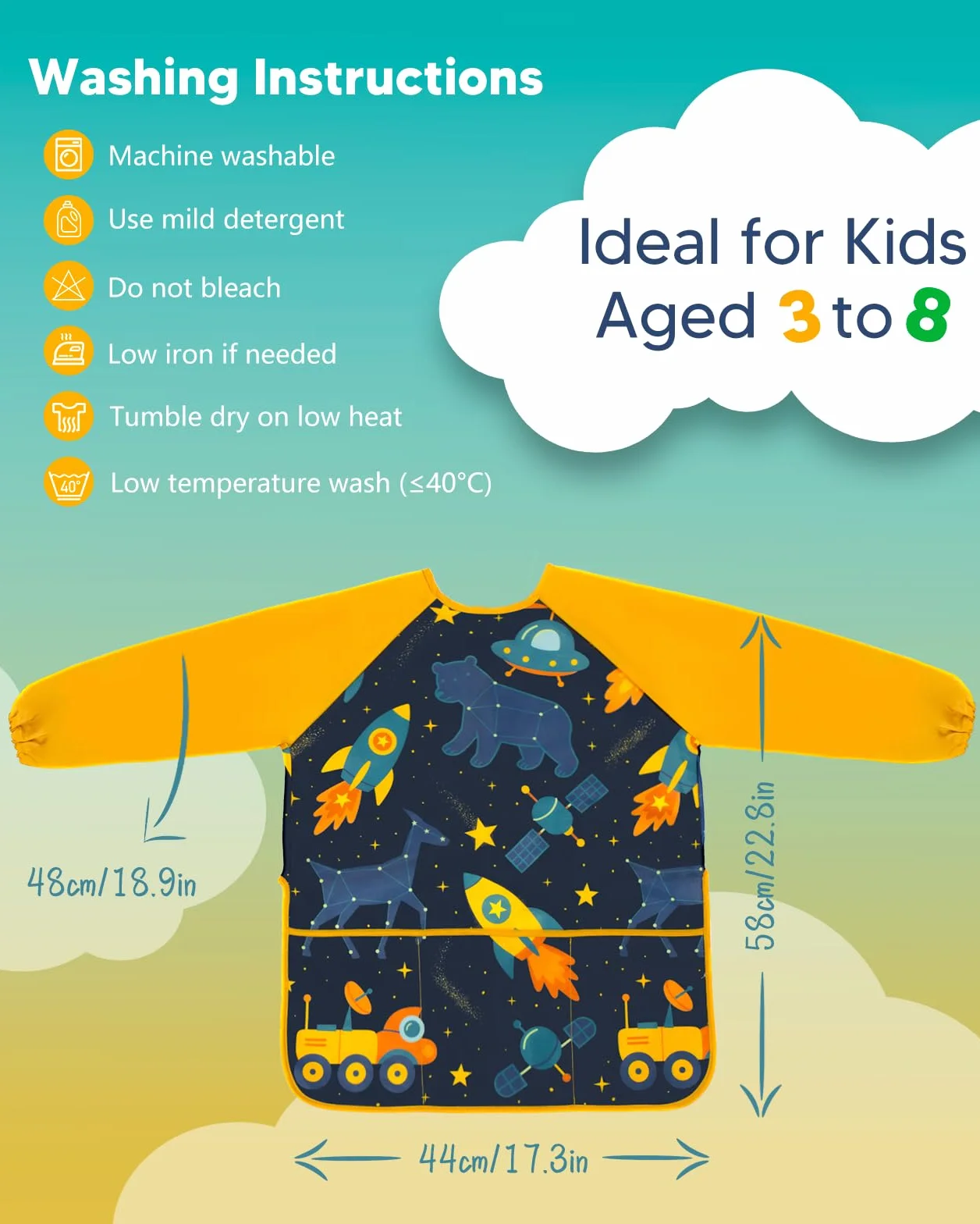 Tablier Peinture Enfants Imperméable Manches Longues 3 Poches Lavable pour Peinture Bricolage Cuisine