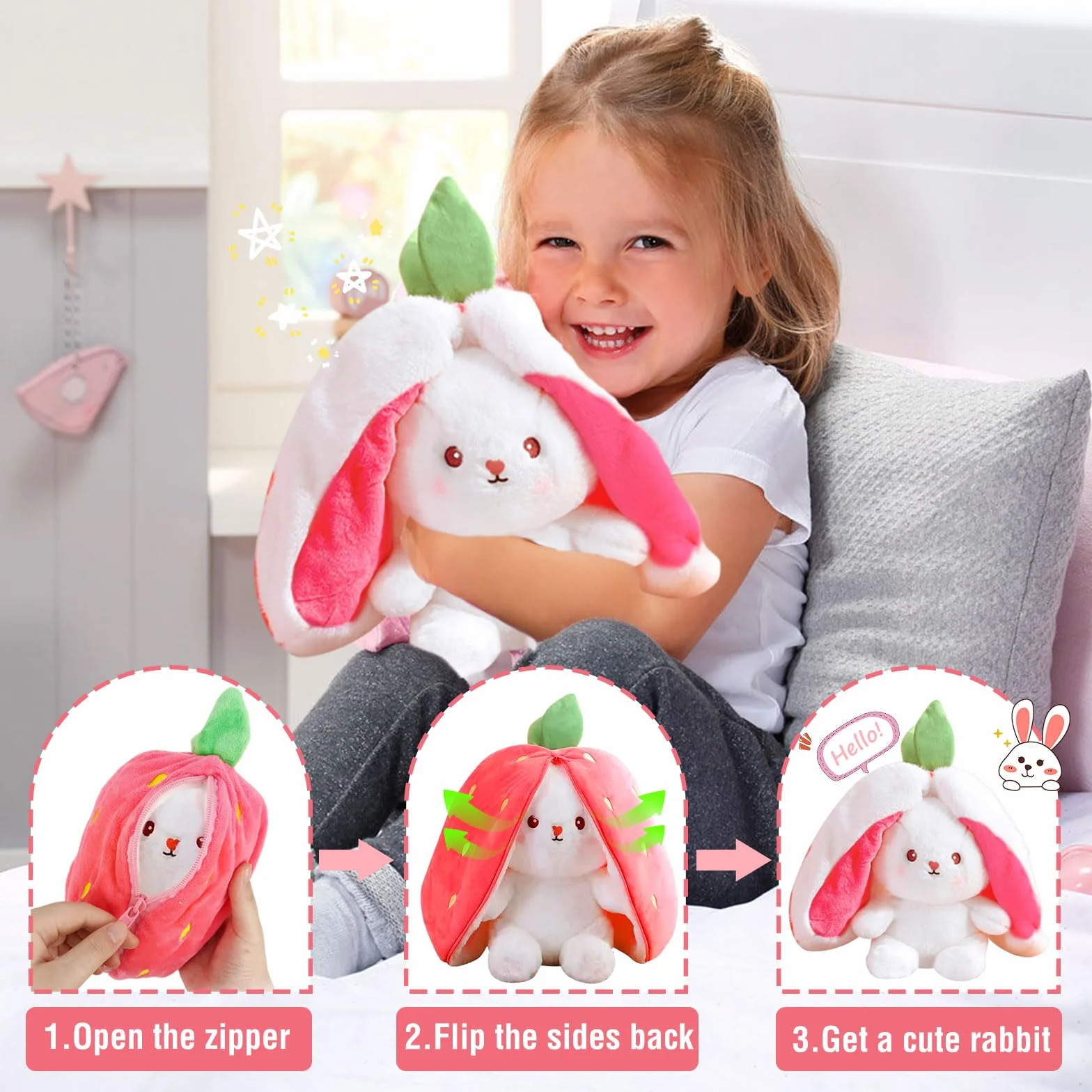 TOGETDREAM Lapin de Pâques 25cm Peluche Douceur Carottes Fraises Oreiller Enfants Rose