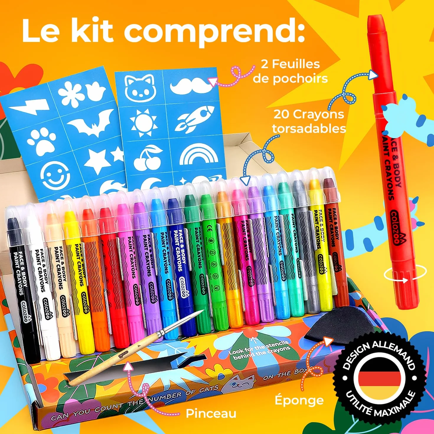 Colozoo Kit de maquillage enfants 20 couleurs crayons visage pinceaux pochoirs face paint
