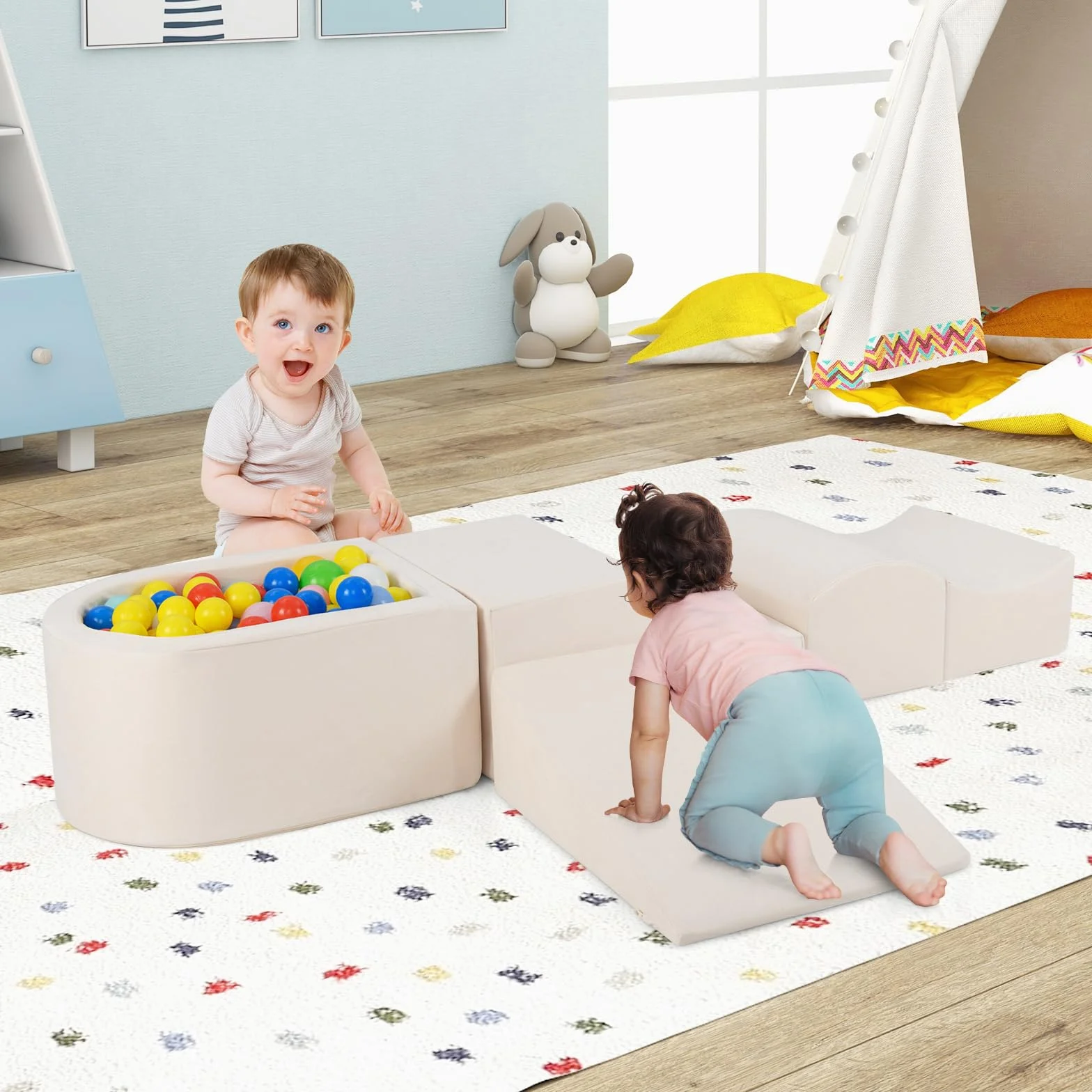 GOPLUS Parcours Motricité Bébé avec Piscine à Balles, Toboggan Rembourré, Housse Lavable, 3 Ans+