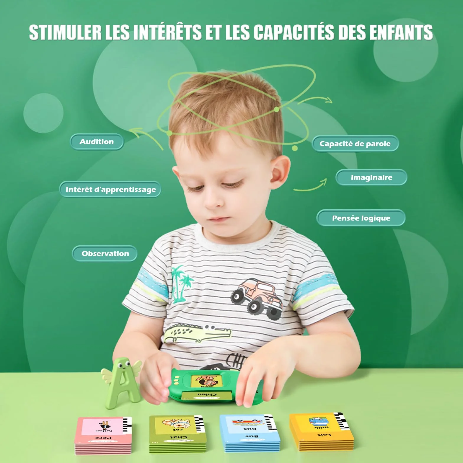 Cartes Flash Parlantes Éducatives 112 Feuilles 224 Mots Montessori Jouets pour Enfants 2-6 Ans Vert Français