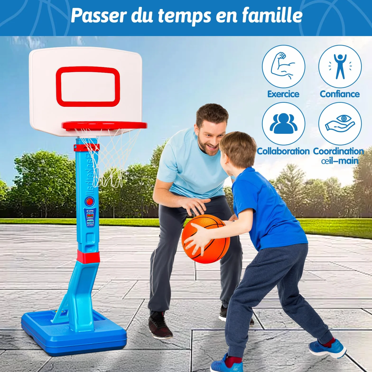 Panier de Basket Enfant Hauteur Réglable 70-138cm avec Ballon et Pompe, Jeu Extérieur Bleu
