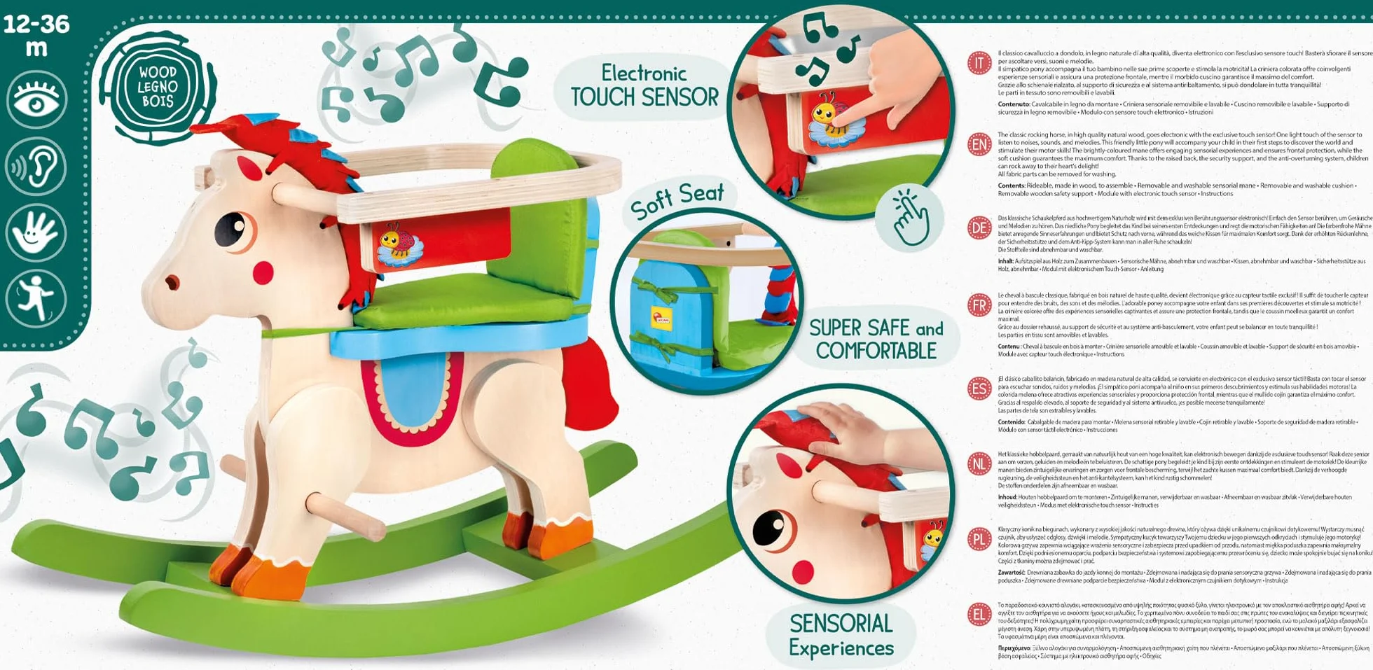 Lisciani Montessori Bois Cheval à Bascule en Bois Électronique Parlant pour Enfants 1-3 Ans