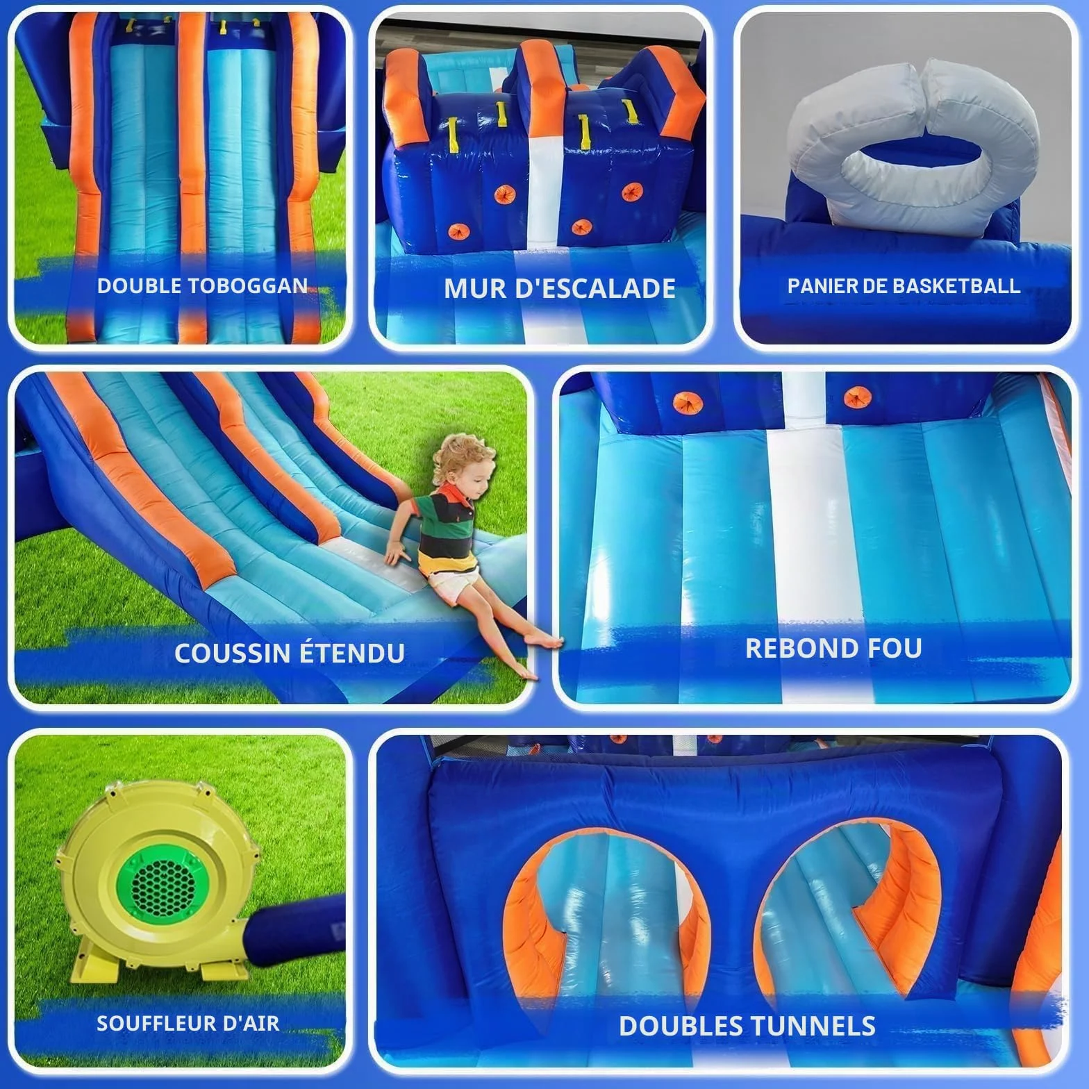 Château Gonflable 5.2x2.3x1.8m Double Toboggans Trampoline Tunnel Murs d'escalade 4 Enfants 3-10 Ans Intérieur Extérieur