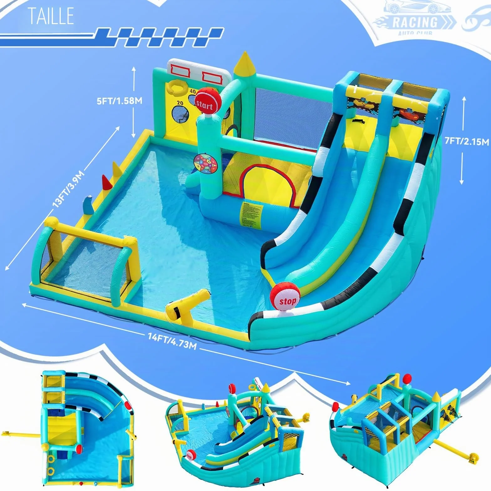 Château Gonflable XXL avec Toboggan pour Enfants Extérieur, Aire de Jeux avec Trampoline, Murs d'escalade, Piscine, 470×400×220cm, 225kg