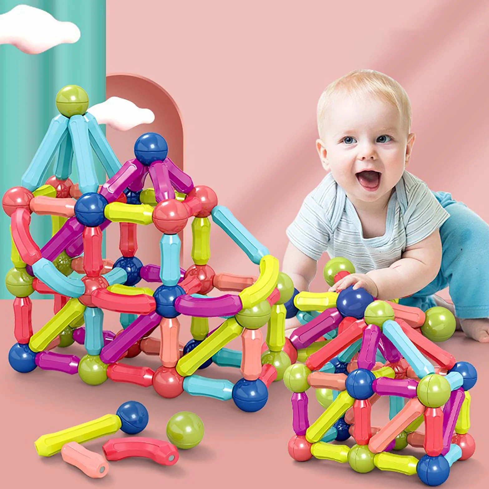 Bloc Construction Magnétique Enfant 64 Pièces Jeux Construction Magnétique 3D Jouets Magnétiques Cadeau Garçons Filles