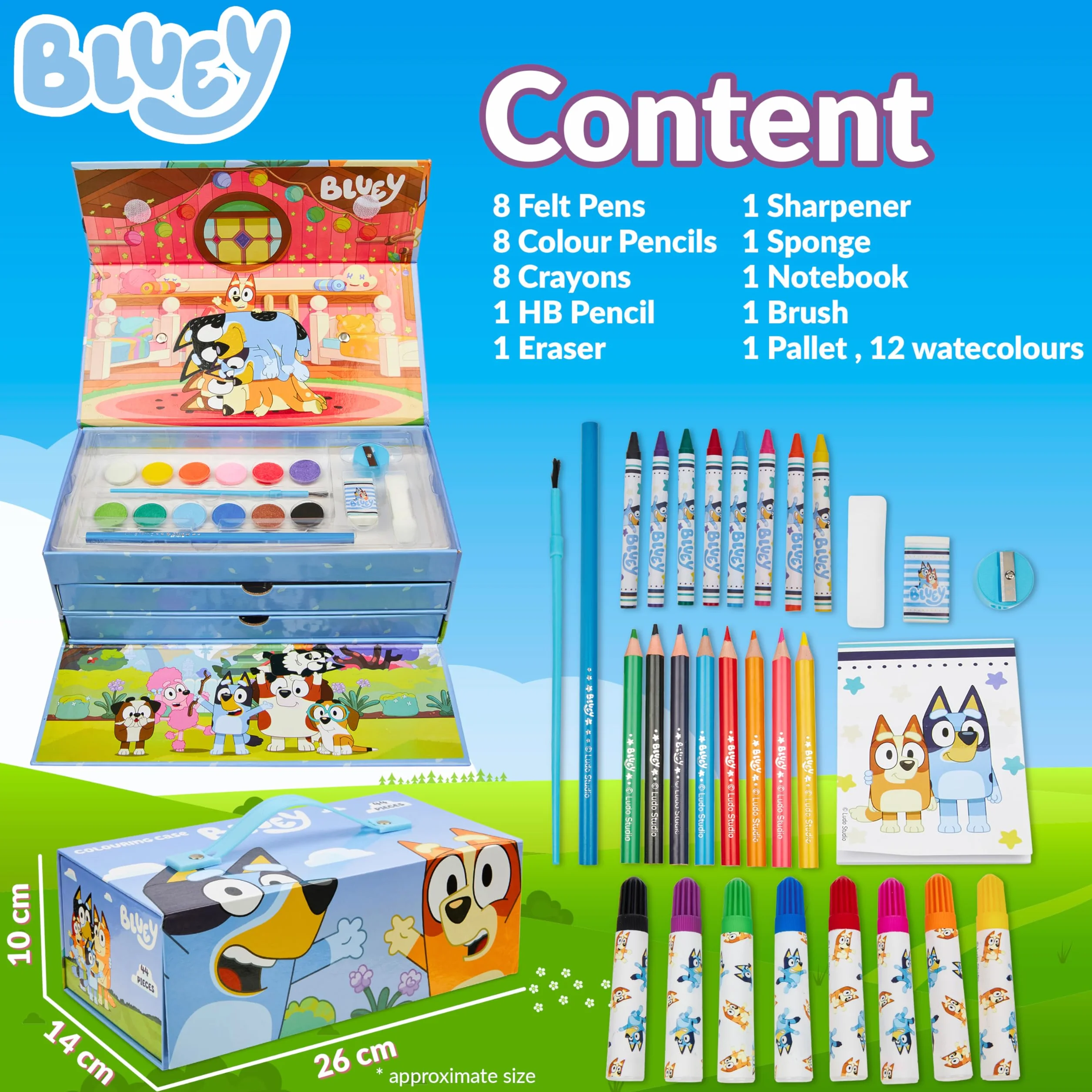 Bluey Coffret Peinture Enfant, Dessin, Coloriage, Crayon de Couleur et Cire, Feutres, Cadeau Enfant Bleu 3 Niveaux