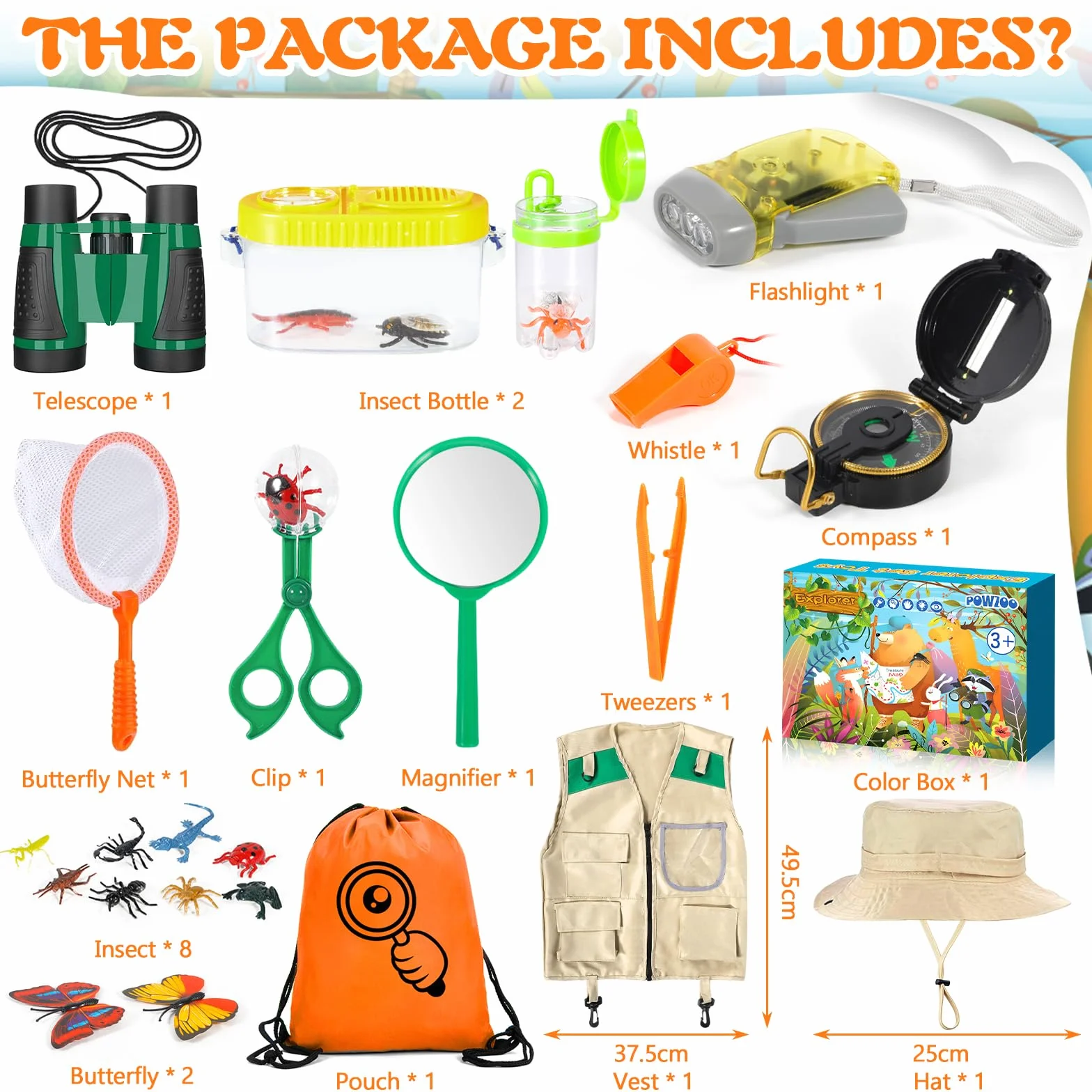 Kit Exploration Enfant 21 pièces Extérieur Jouets Gilet Chapeau Jumelles Boussole Loupe Nature Aventure