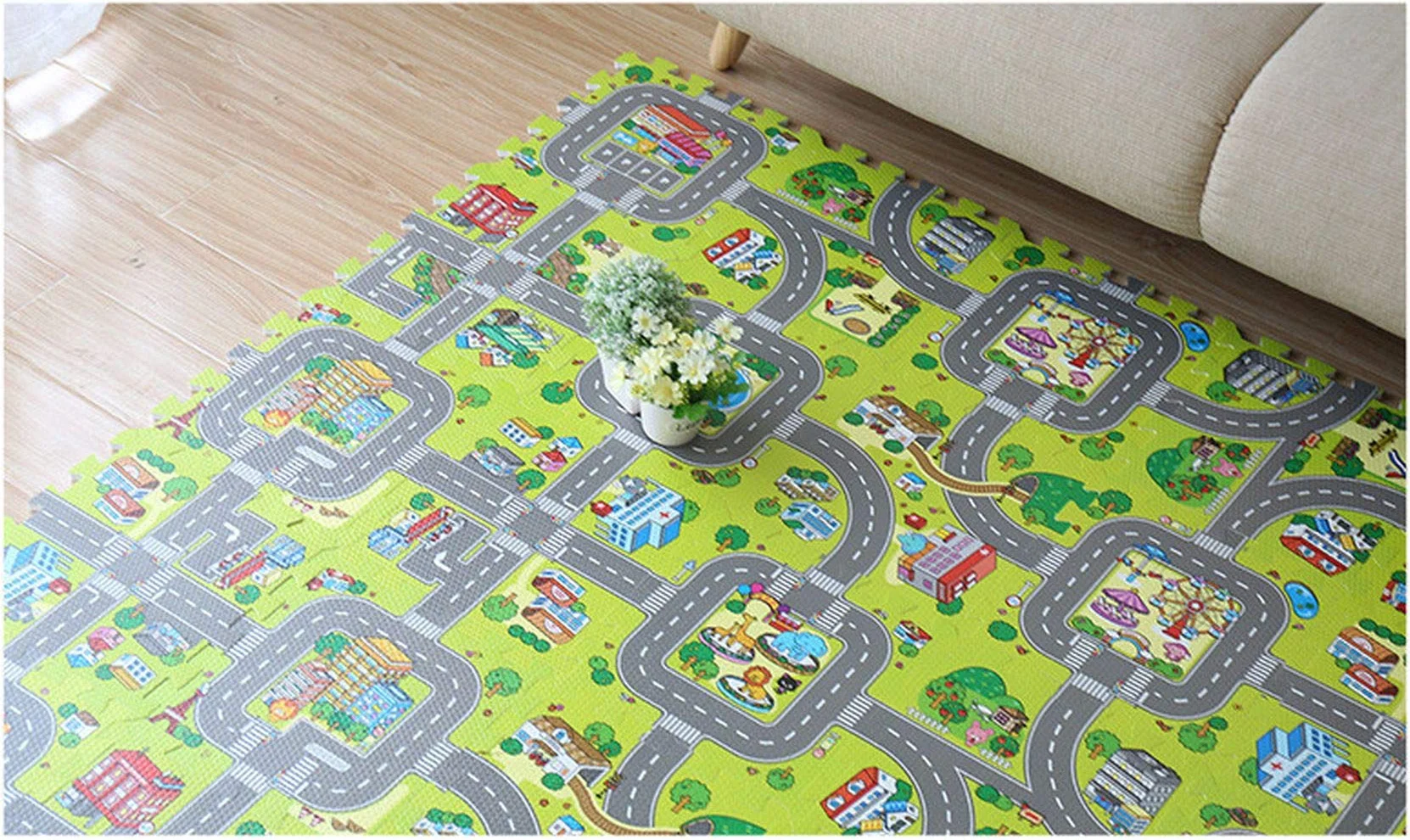 Tapis puzzle en caoutchouc EVA pour enfant circuit routes 90 x 90 x 1 cm pièces interchangeables