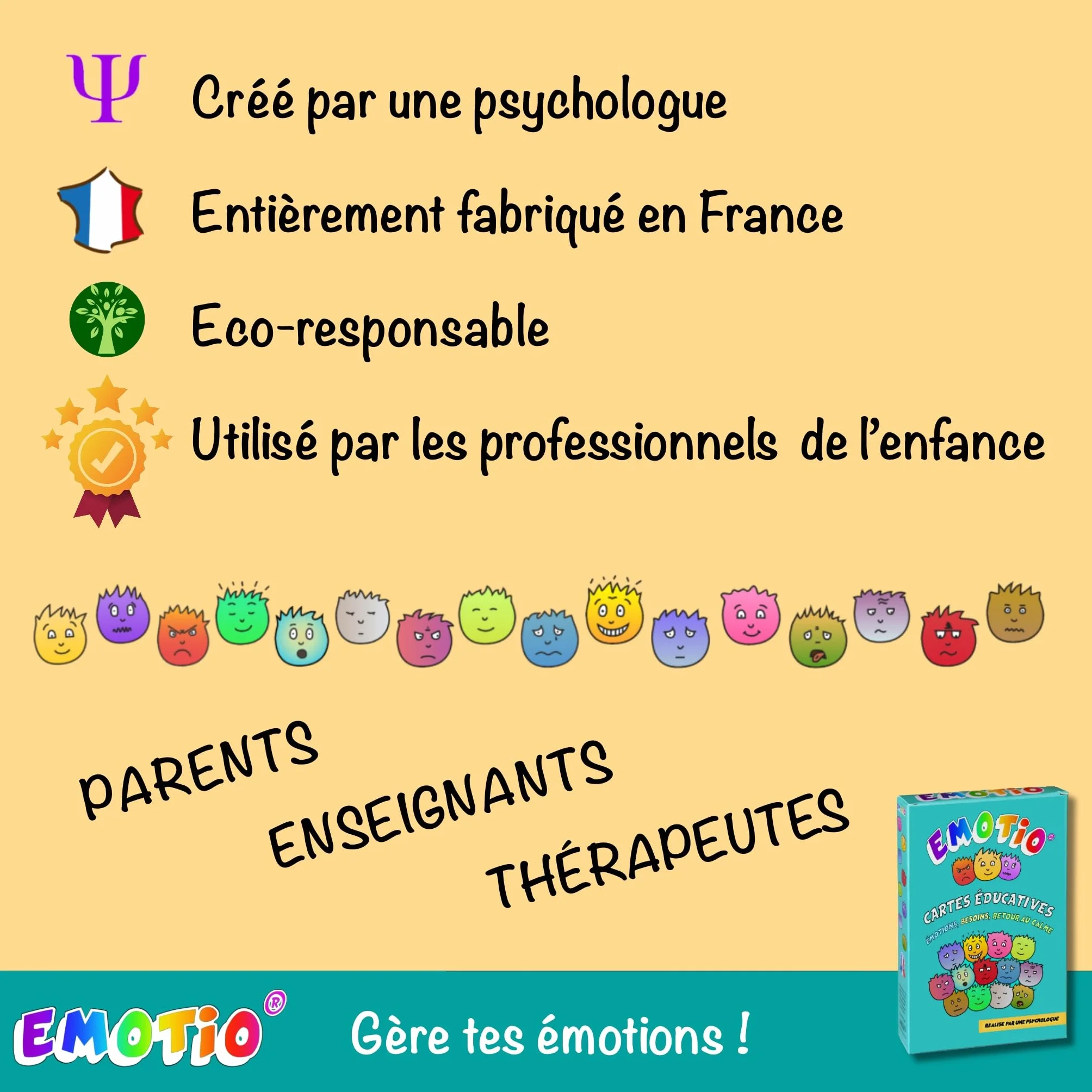 Jeu des émotions 48 cartes pédagogiques avec 3 thèmes fabriqué en France