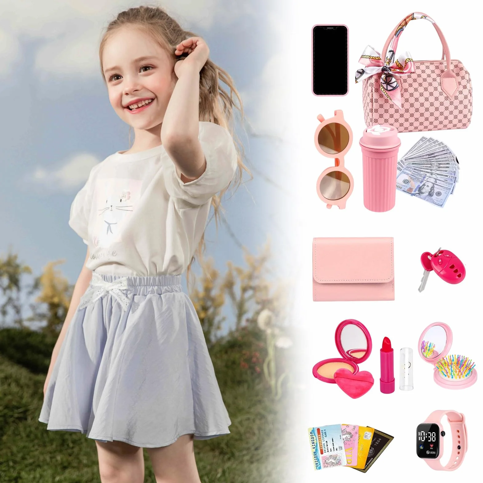 Sac à main pour fille avec accessoires jouet maquillage téléphone portable montre écharpe princesse 3-6 ans 20x11x13 cm