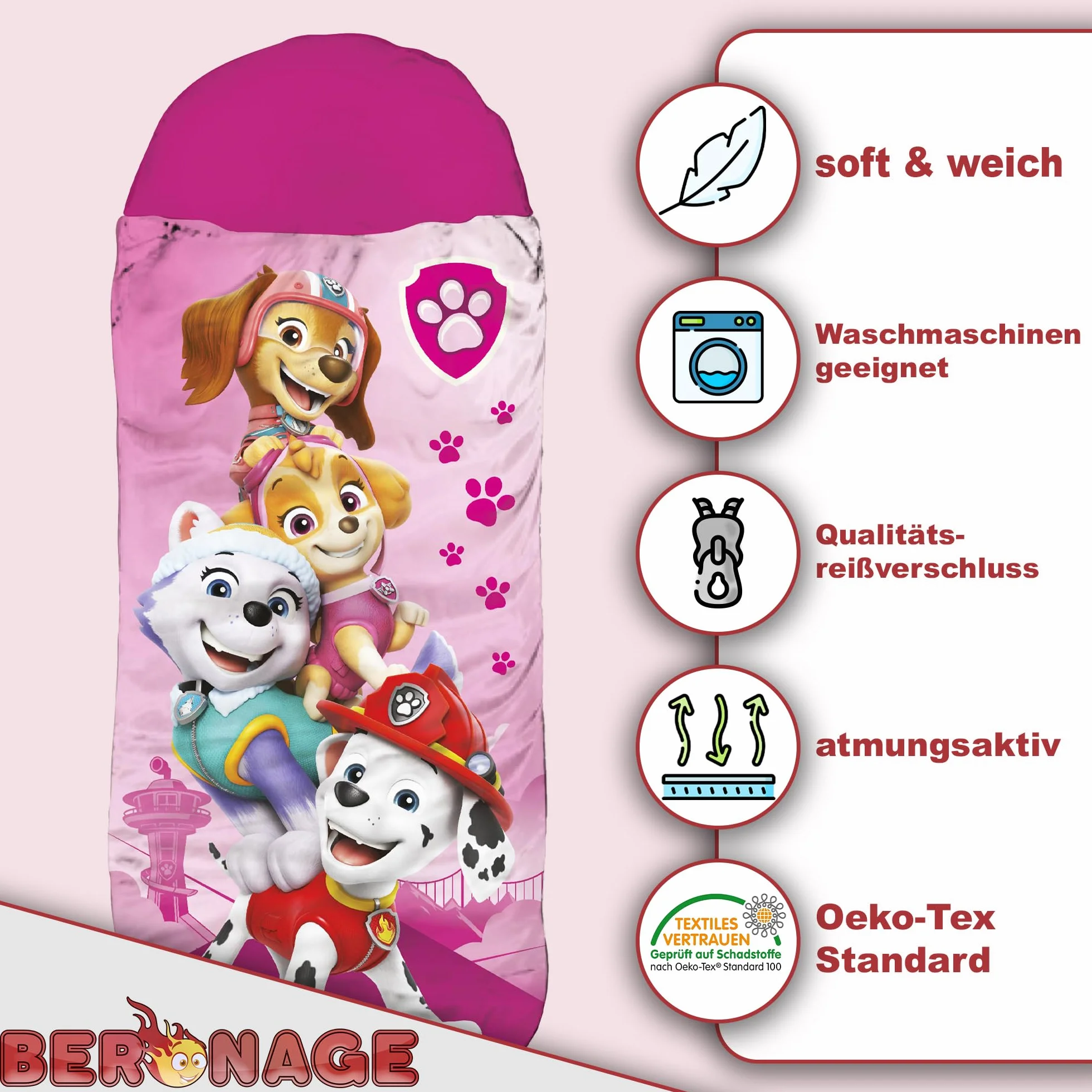 BERONAGE Paw Patrol Sac de couchage enfant Rose 140x70 cm Toutes saisons Garnissage fibre synthétique