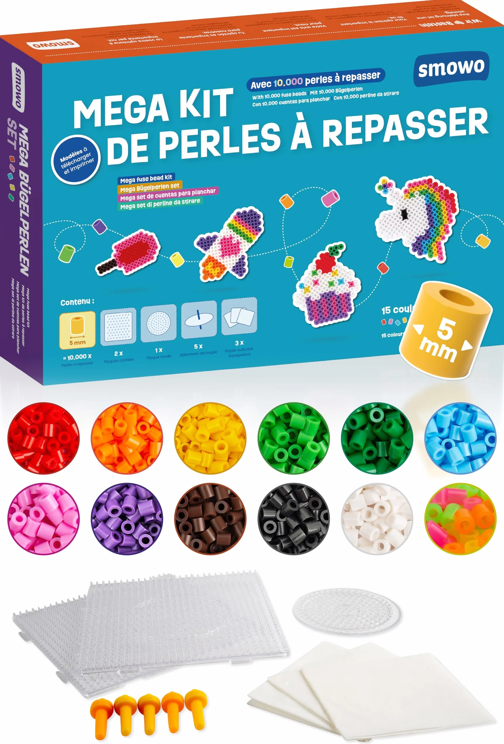 Smowo® Lot de 10 000 perles à repasser 5mm 15 couleurs XXL avec plaques et accessoires