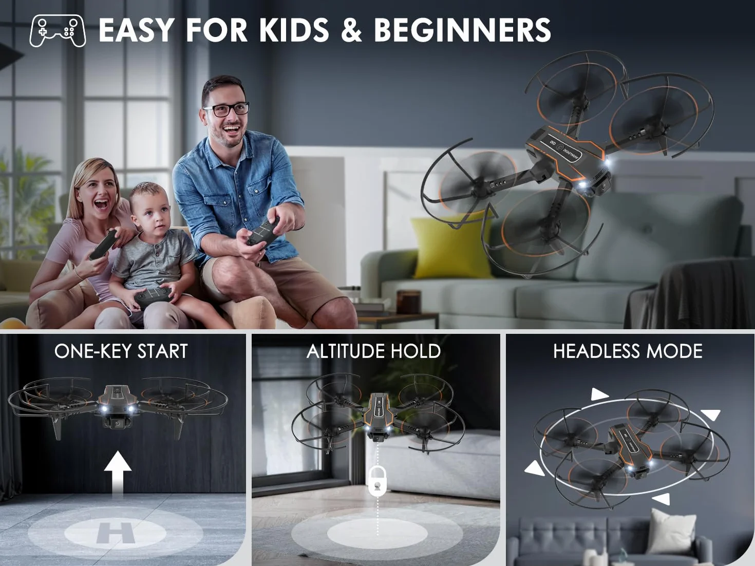 Drone pour Enfant avec Caméra 1080P HD FPV Quadricoptère Télécommandé Mode sans Tête Maintien d'Altitude 360°Flips 2 Batteries