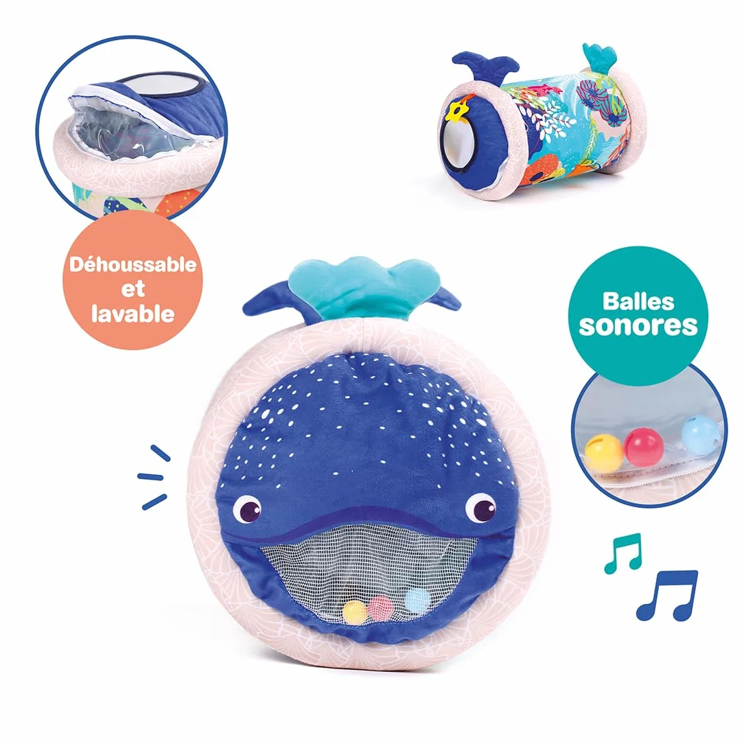 LUDI Baby Roller Baleine Rouleau Gonflable d’activités 6 activités sensorielles 45 x 30 cm Bleu