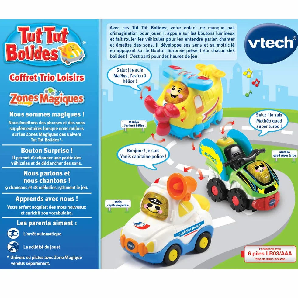 VTech Tut Tut Bolides Coffret Trio Loisirs 3 Voitures Interactives Avion Hélices Police Quad Jouet Musical Enfant 1-5 Ans Français