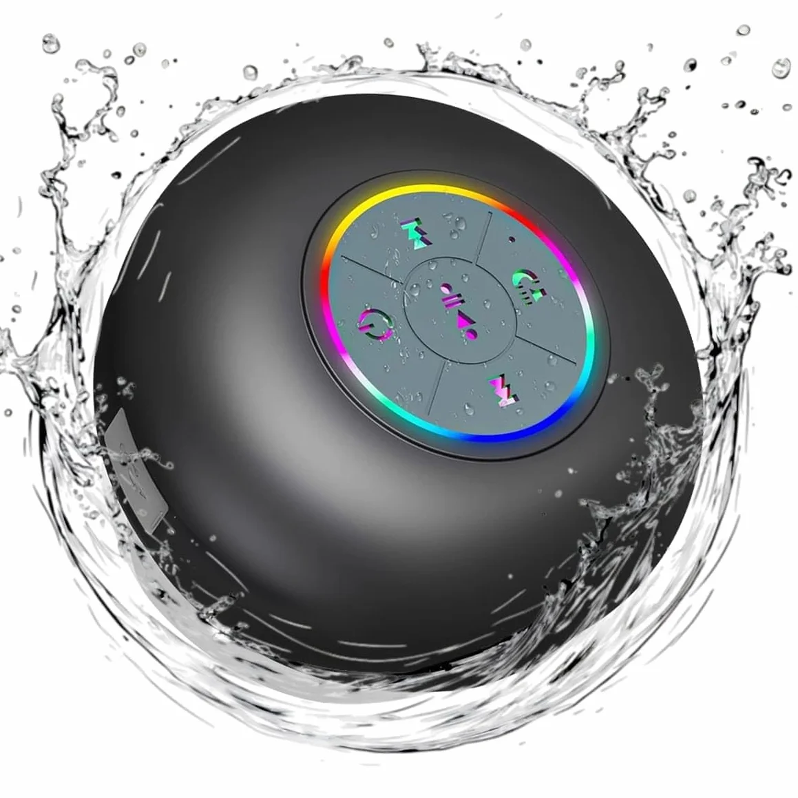 Enceinte Bluetooth étanche IPX4 portable sans fil avec LED, micro intégré, ventouse rechargeable noir