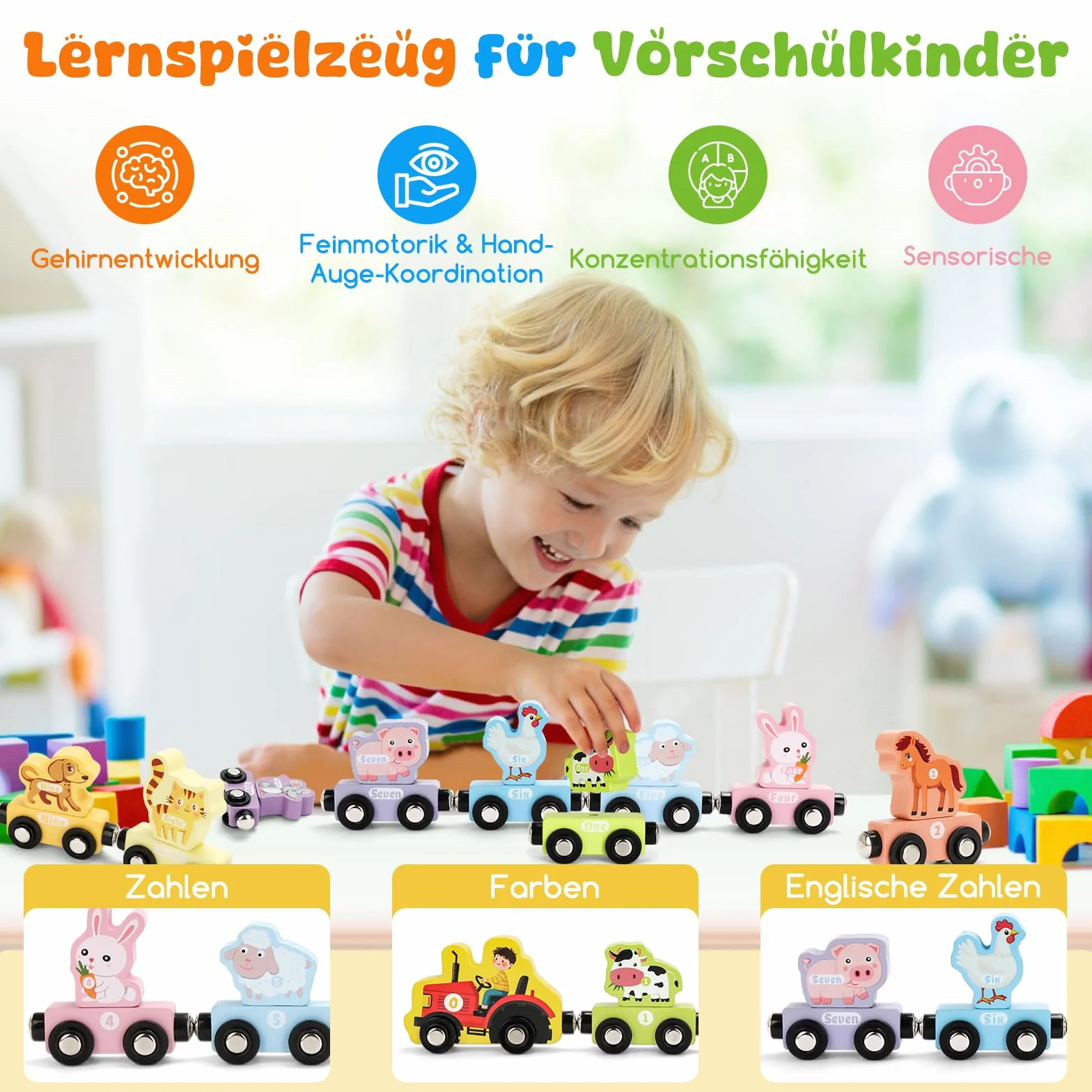 Train Montessori en Bois avec Aimants et Animaux Jouet Éducatif 1-4 Ans Cadeau Anniversaire