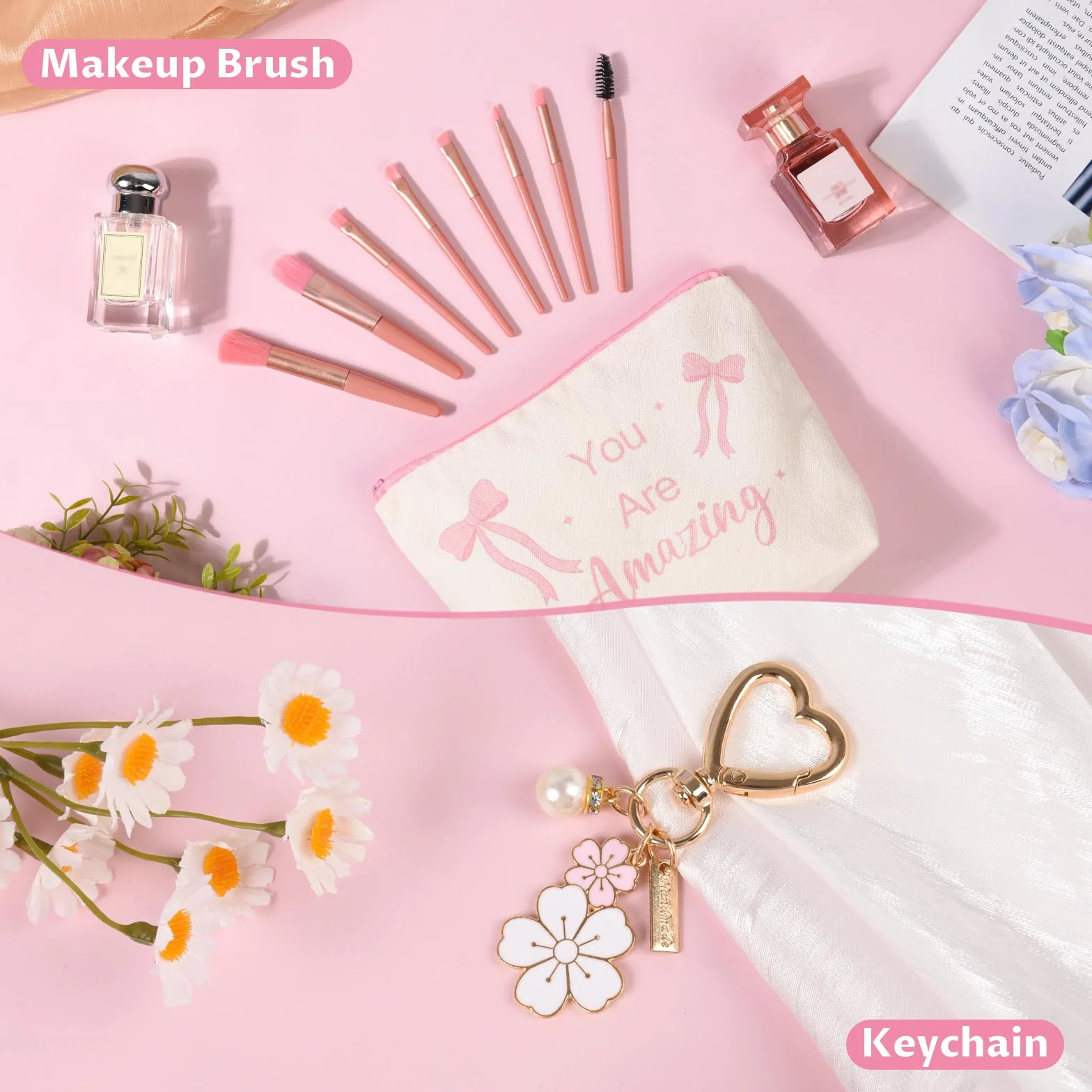 Cadeau anniversaire fille 9-15 ans avec verre paille couvercle pinceau maquillage porte-clés trousse cosmétiques bracelet 5 en 1