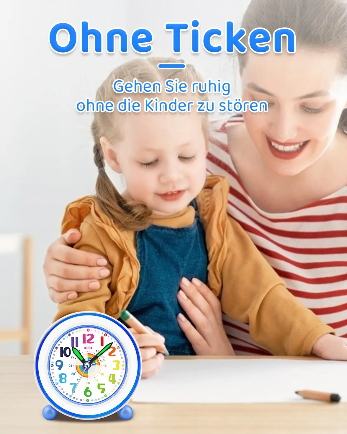 Réveil Enfant Fille Garçon, Horloge Analogique Pédagogique sans Tic-Tac avec Veilleuse et Snooze, Cadeau Chambre (Bleu Arc-en-Ciel)