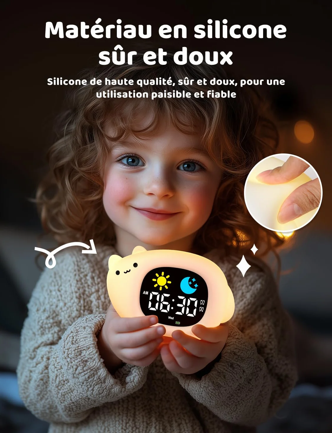 YISSVIC Réveil Enfant Educatif Jour Nuit 2 Alarme 12/24 Heure Snooze Luminosité Réglable 7 Couleurs 10 Chansons Chat