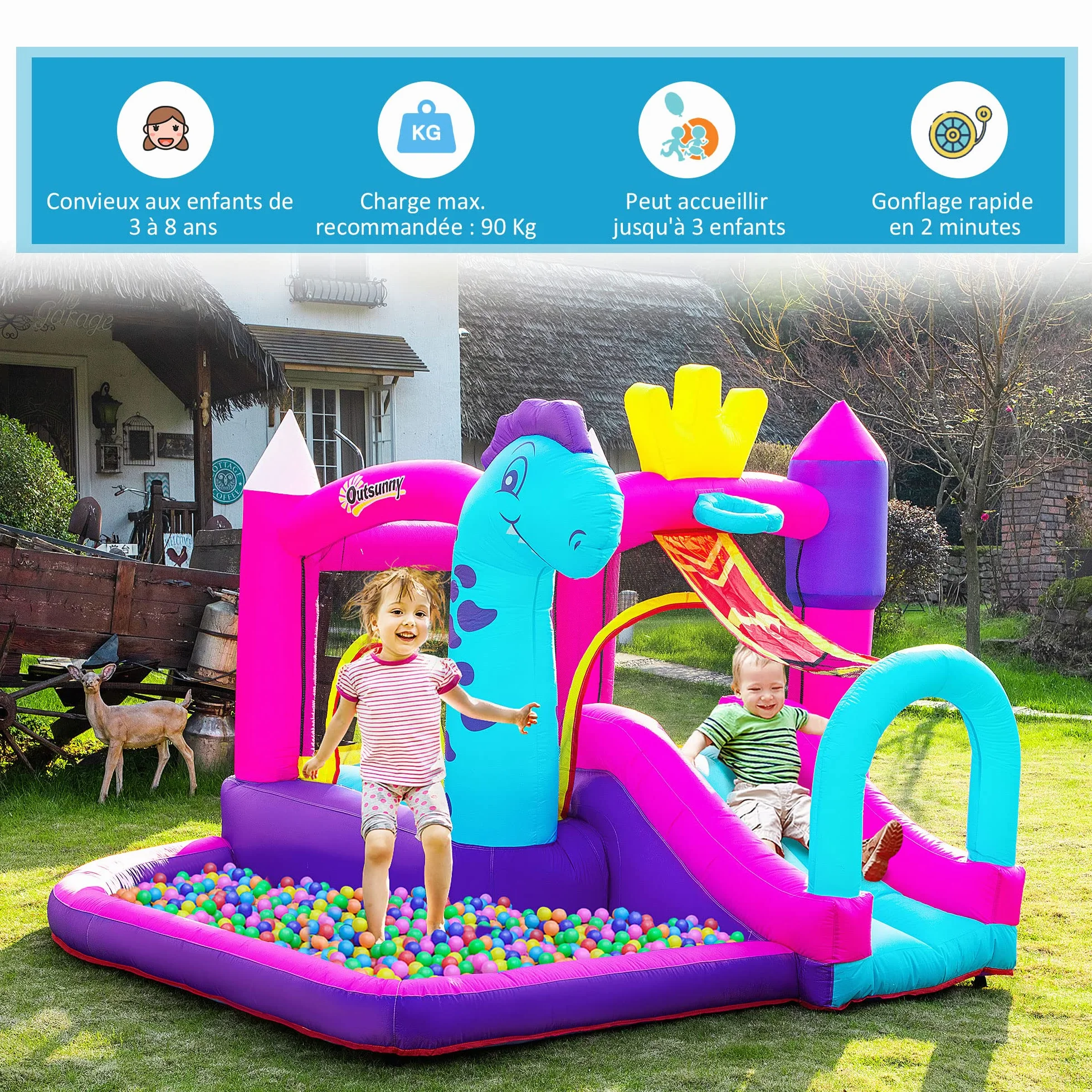 Outsunny Château Gonflable avec Toboggan, Trampoline et Piscine 300x270x200 cm 350W Souffleur Inclus