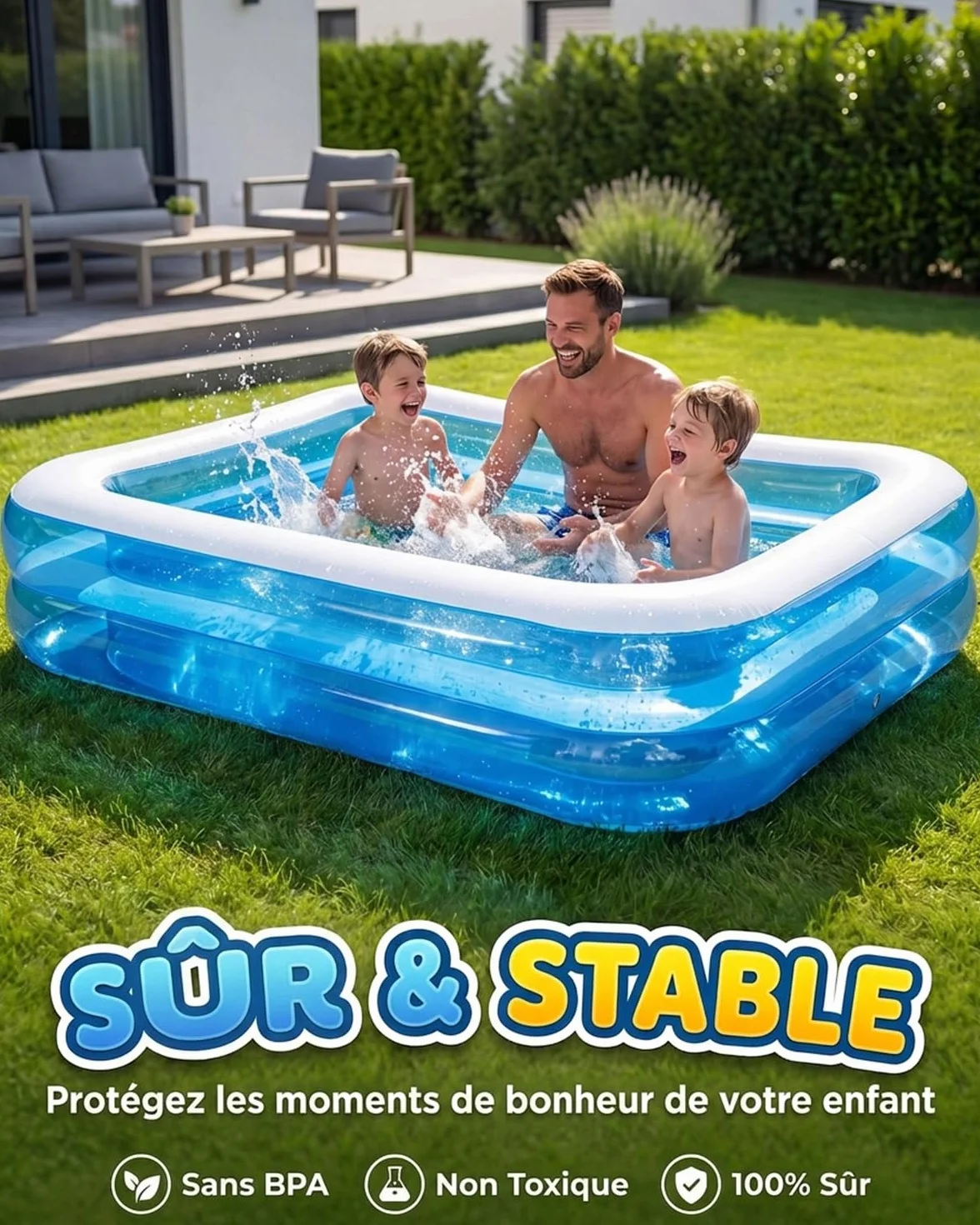 Piscine Gonflable Rectangulaire 200x150x50cm Grande Pataugeoire Familiale Bassin Aquatique d'Été