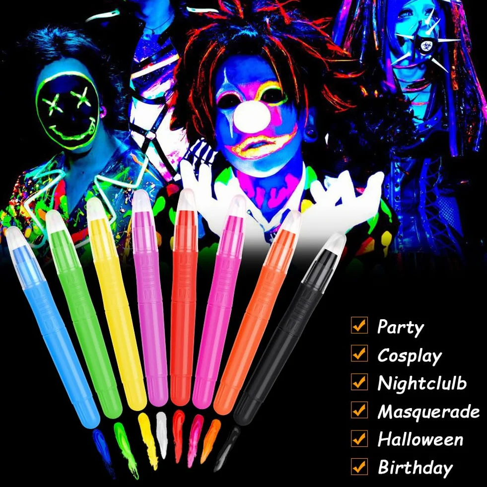 Crayons de Peinture Fluo Fluorescents UV 8PCS, Crayons Lumineux pour Visage Corps Maquillage Enfants Adultes Halloween