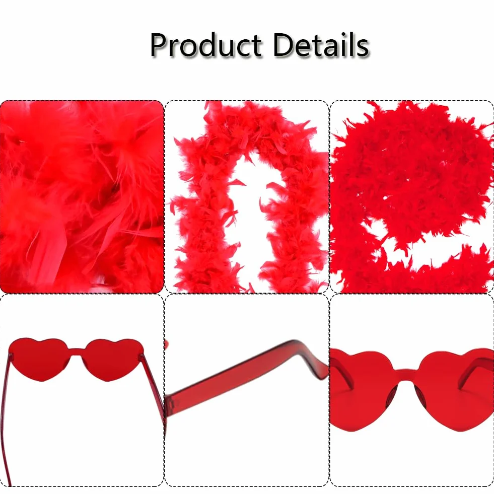 Accessoires De Fête Boa En Plumes Colorées Et Lunettes De Soleil 2 Pièces Rouge Mariage Déguisement