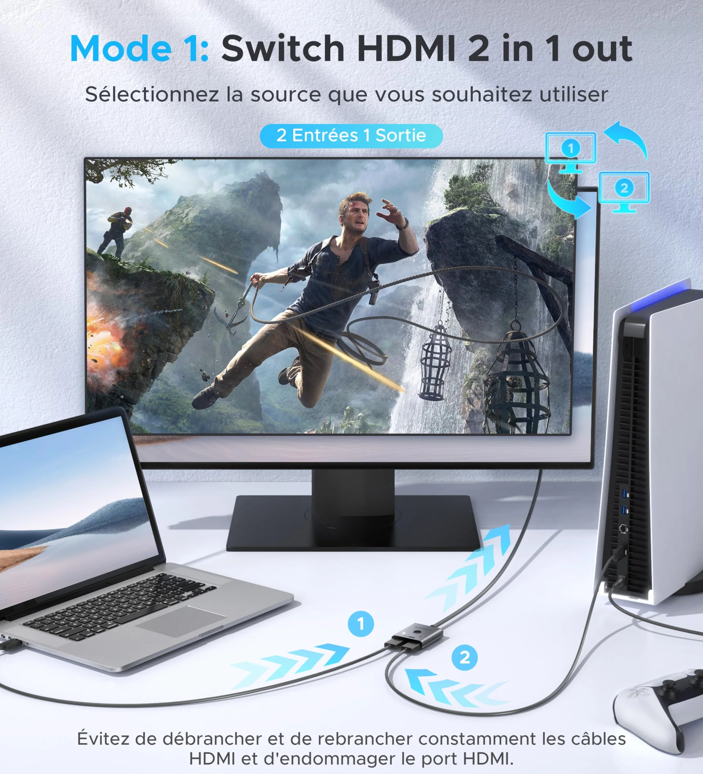 WARRKY Commutateur HDMI 4K 60Hz Bidirectionnel 2 Entrées 1 Sortie avec Câble Tressé Fixe 1M Coquille Aluminium