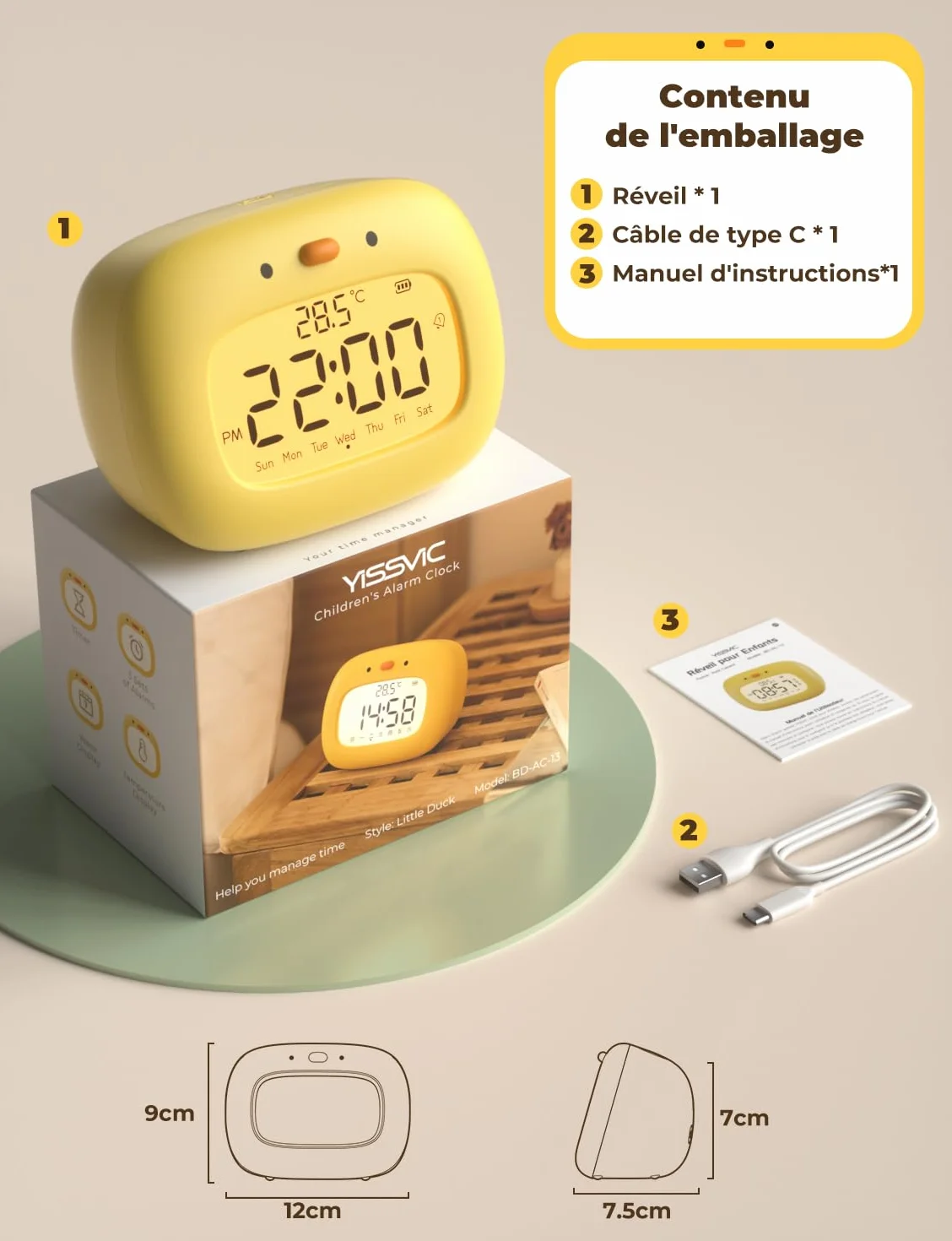 YISSVIC Réveil Enfant Numérique 3 Alarmes 12/24 Heure Snooze Minuterie Affichage Semaine Type C Rechargeable Forme Canard