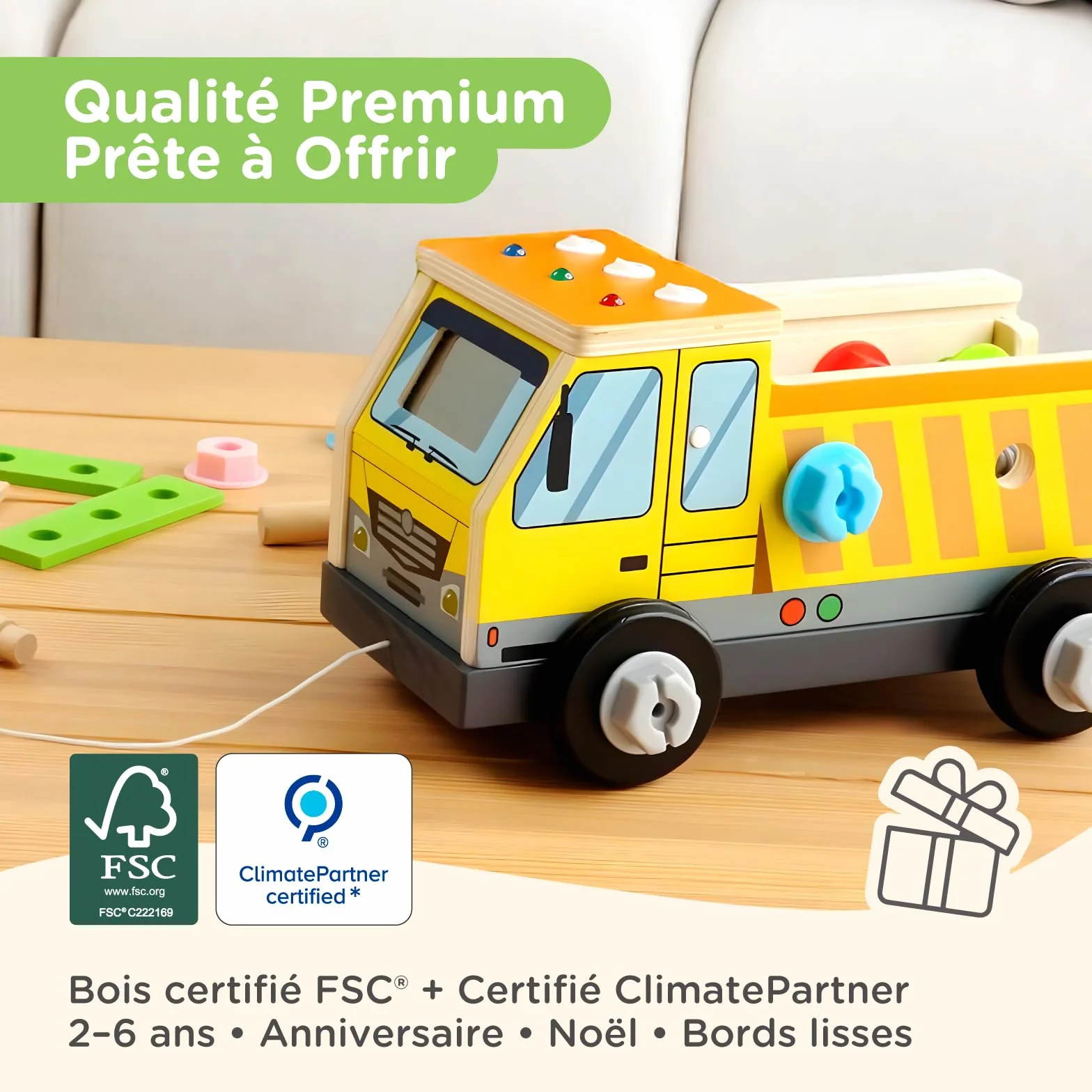 Nene Toys Camion Busy Board Montessori – Tableau d’Activités & Caisse à Outils en Bois FSC® avec 3 Interrupteurs LED, 8 Modes – Jouet à Tirer, Construction, Motricité, 2-6 Ans