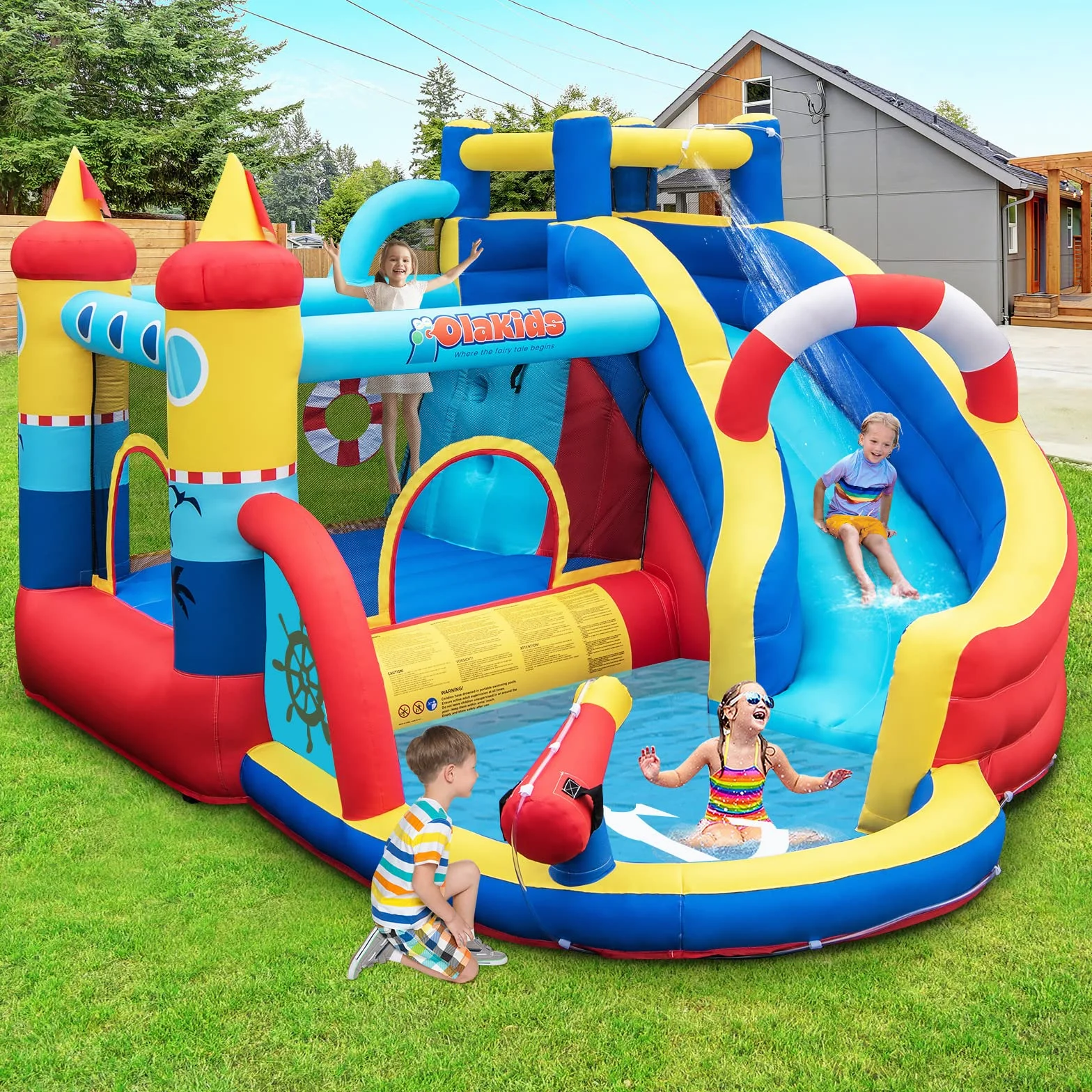 GOPLUS Château Gonflable Pirate avec Toboggan Pistolet à Eau Trampoline Aire de Jeux Gonflable Piscine Mur d'escalade pour Enfants 3-12 Ans 120KG Souffleur 450W