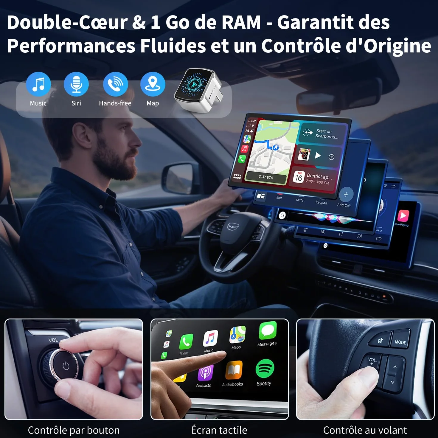 Adaptateur CarPlay sans Fil pour iPhone iOS 12+ Android Auto Compatible Voitures CarPlay Câblé 2016+ USB-A/C Connexion Rapide Stable Argent