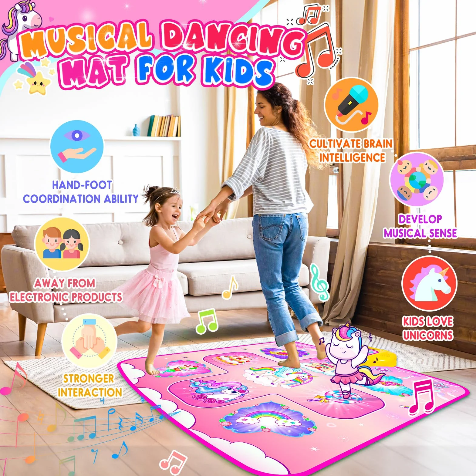 Tapis de Danse Licorne pour Filles 2-8 Ans, 5 Niveaux de Danse, Cadeau Anniversaire Noël