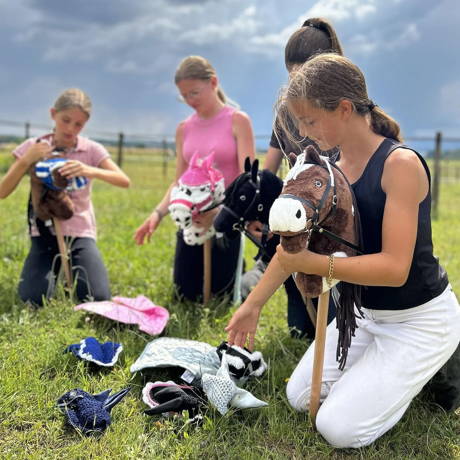 Hobby Horse Frison Noir pour Enfants 7-20 Ans Cheval Bâton avec Filet Rênes Accessoires