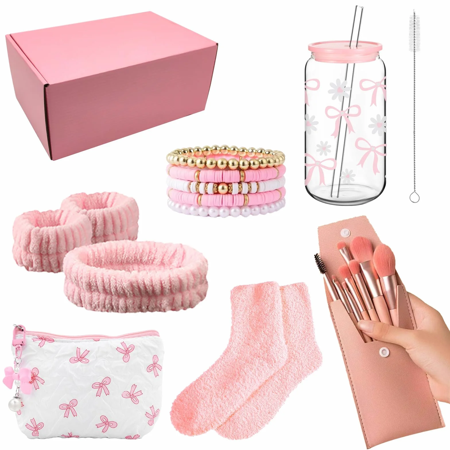 Sugeru Coffret Cadeau Fille 9-16 Ans Verre Paille Couvercle Trousse Maquillage Bracelet Bandeau Rose