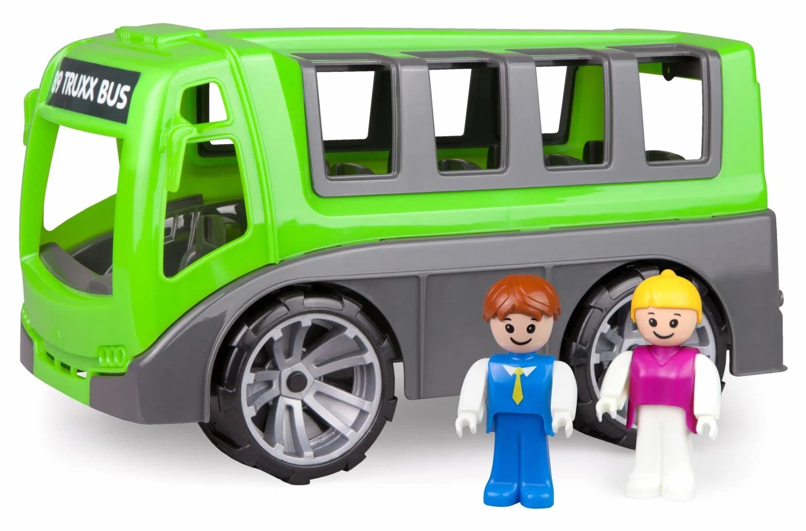LENA TRUXX Bus, Véhicule de Jeu 27 cm, Set avec Autocar Robuste et 2 Figurines Mobiles, pour Enfants dès 2 Ans, Vert/Gris