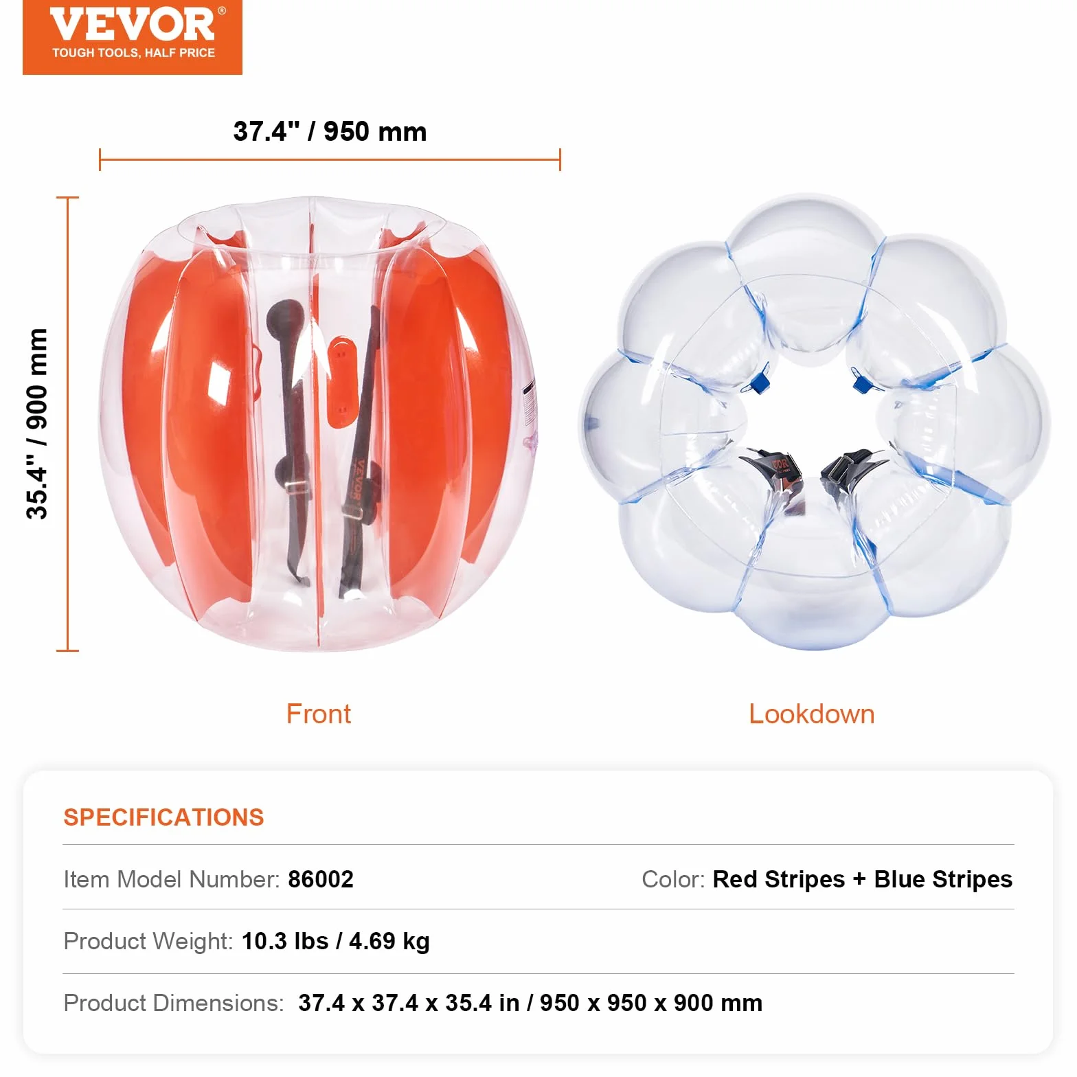 VEVOR Bulle Gonflable 0,9 m Diamètre 2PCs, Balle Pare-Chocs PVC 0,3 mm pour Enfants Adolescents, Jeux Plein Air Rouge Bleu
