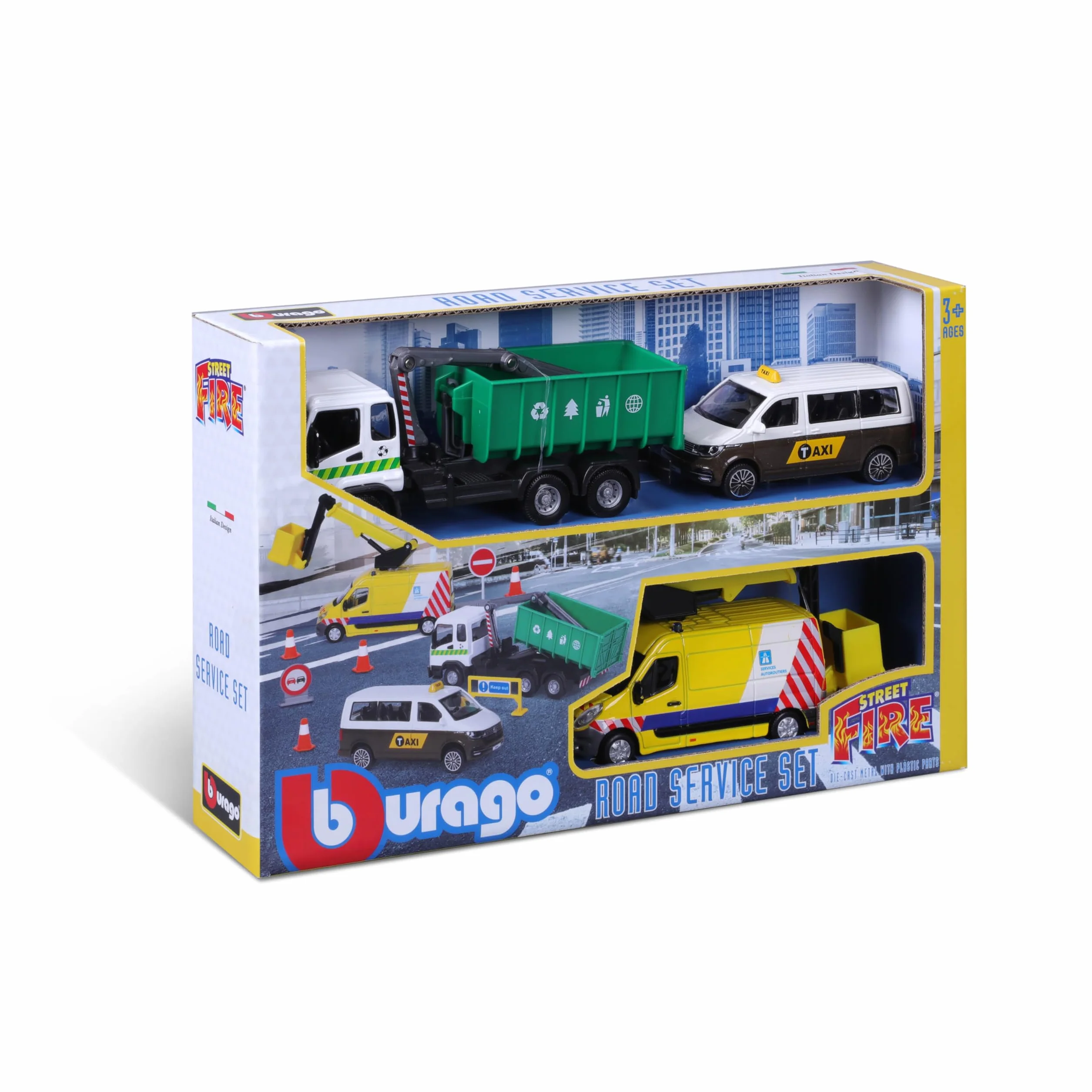 Bburago 1/43 Street Fire City Services Playset 3 véhicules 8 accessoires