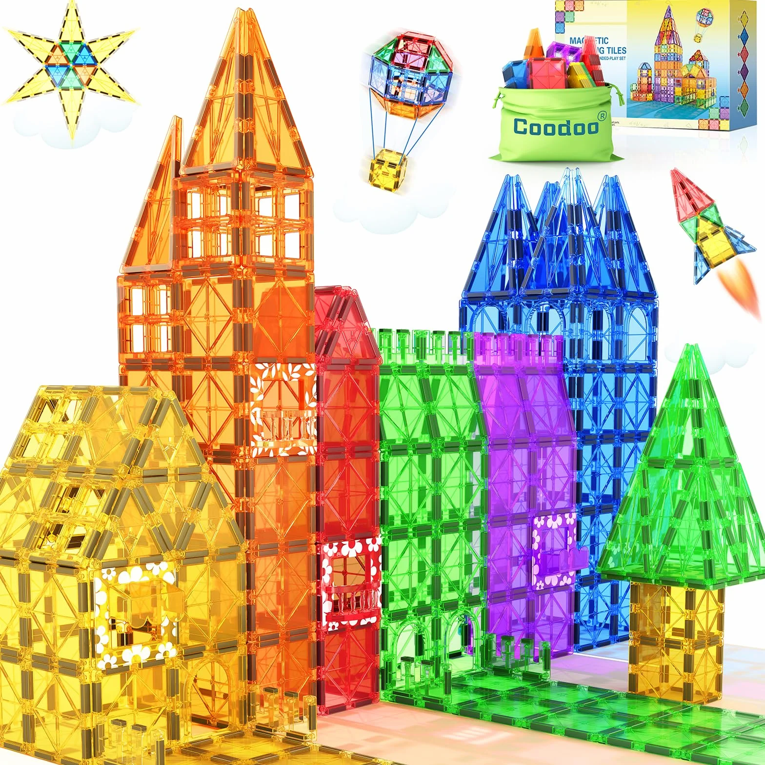 Coodoo 60 Blocs de Construction Magnétiques STEM Jouet pour Enfants 3 Ans+