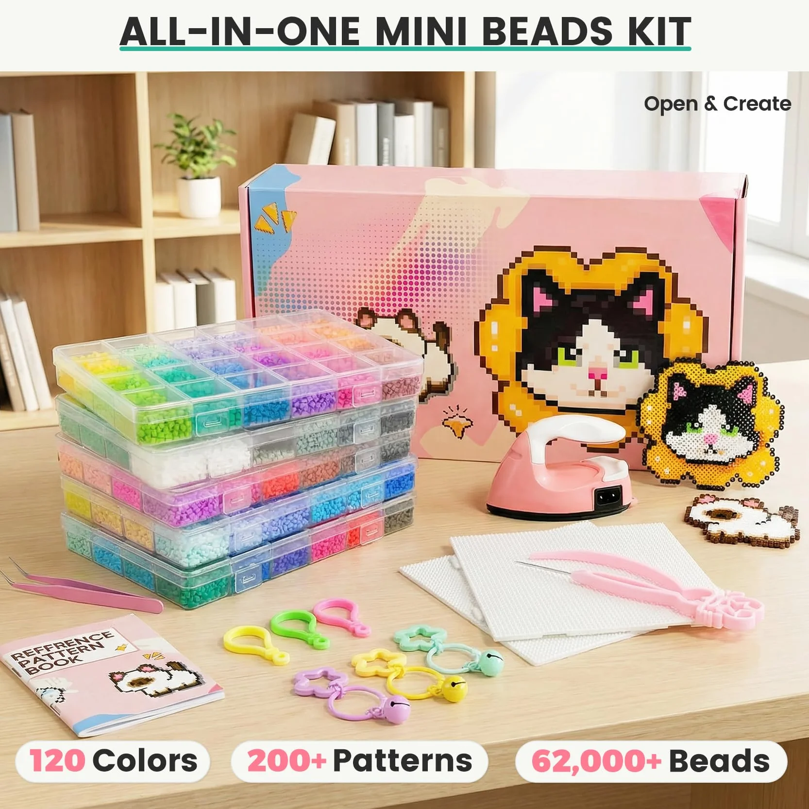 Perles à Repasser 62000 Pièces 2,6 mm 120 Couleurs Kit Perles Fusibles avec Planches Motifs Papier Pincettes