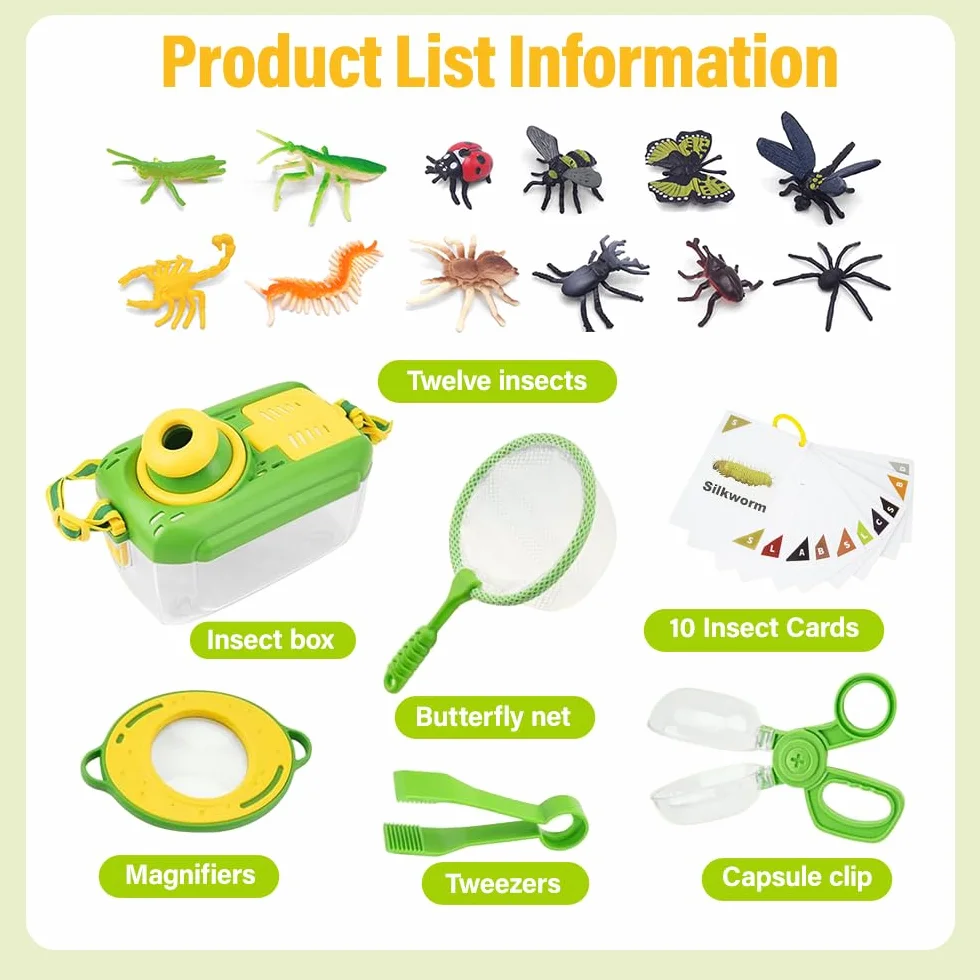 Kit Exploration Enfant Jeux Exterieur avec Boite Insecte, Loupe, 12 Insectes Plastique, Jouet Educatif 3-6 Ans