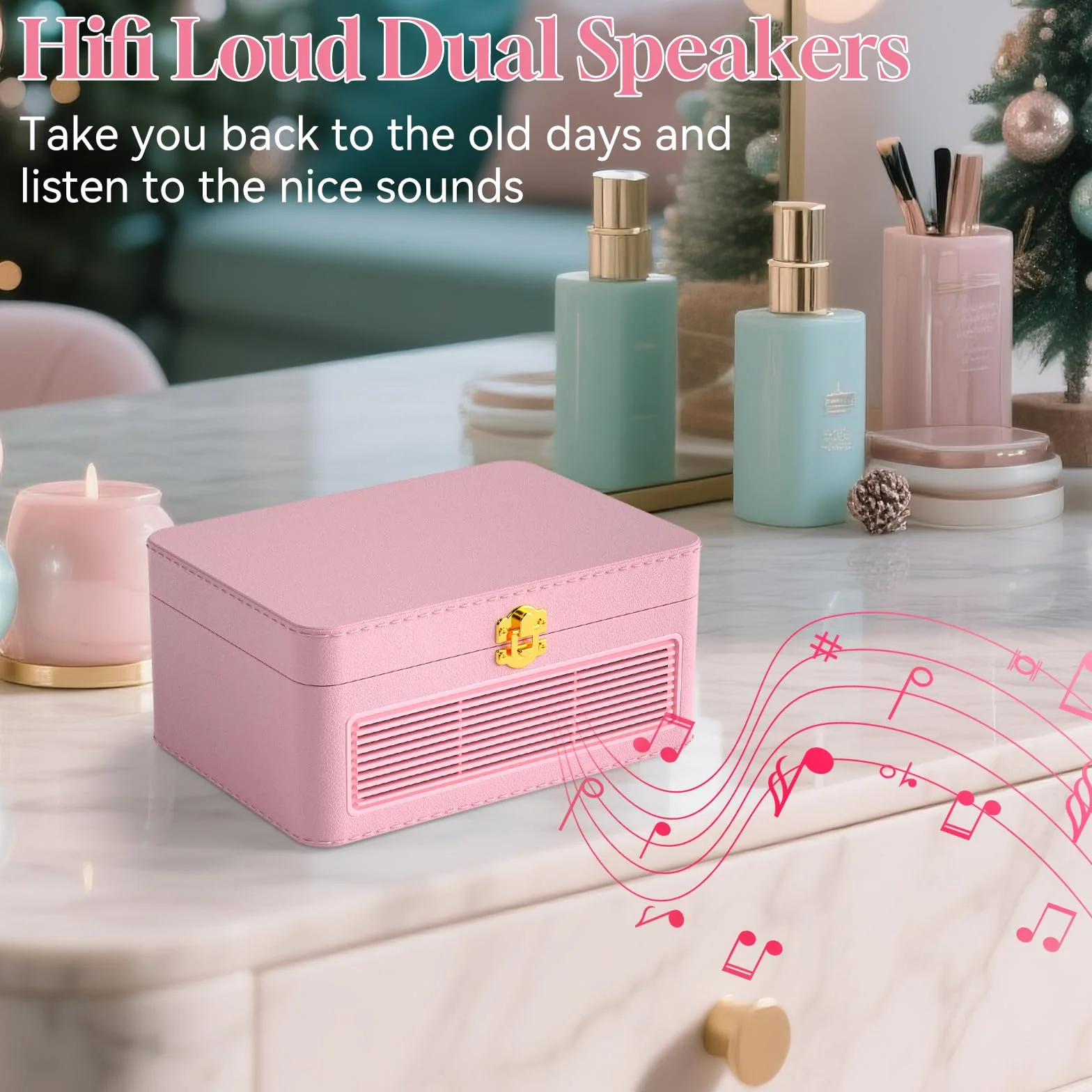 Lecteur CD Cuir Portable Bluetooth 3600mAh Rechargeable avec Haut-Parleurs, Support USB AUX, Télécommande, Design Valise Rétro Rose