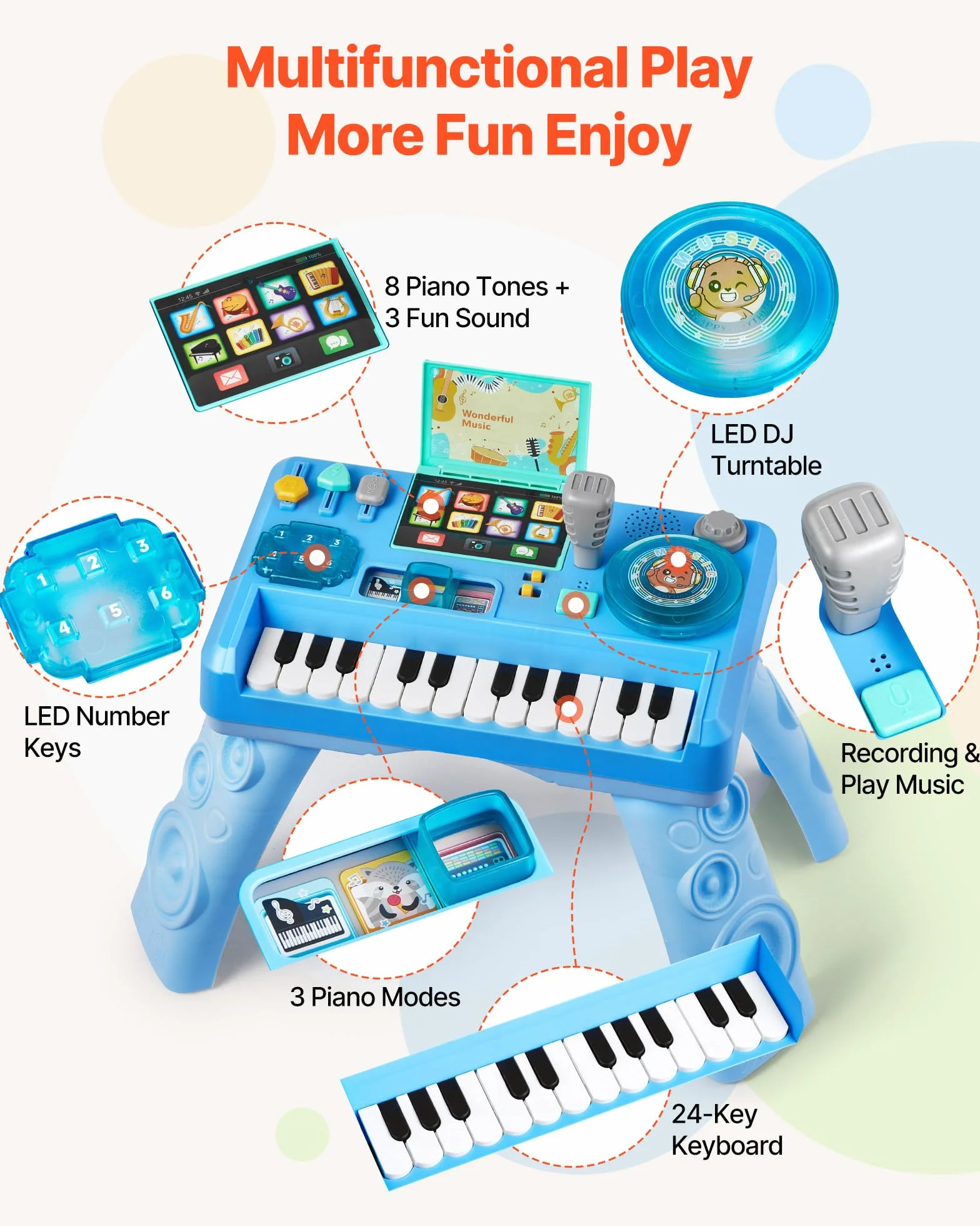 VEVOR Table Activité Bébé 6 Mois et Plus 16 Jeux Jouet Musical Éducatif avec Platine DJ Enregistrement et LED, 133 Sons
