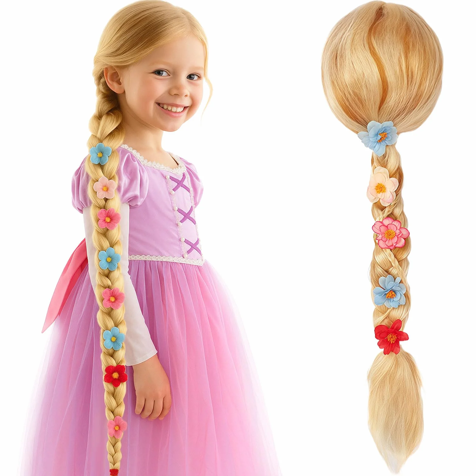 Perruque Princesse Fille, Perruque Rapunzel Blonde Tresse, Décoration Fleur Tie-Dye Costume Halloween