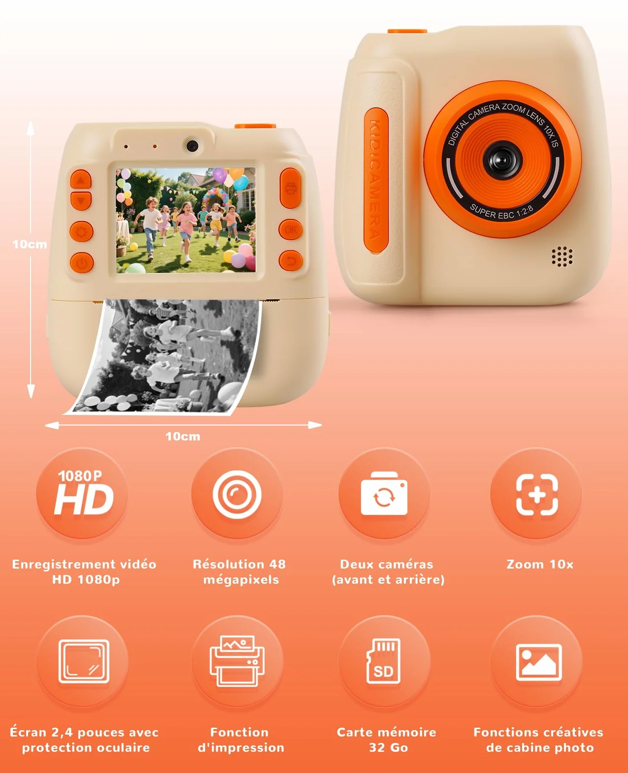 Appareil Photo Instantané Enfants 12MP 1080P Numérique avec Carte 32G et Papier 2,4 Pouces Caméra Jouets Cadeau Garçons Filles 3-12 Ans