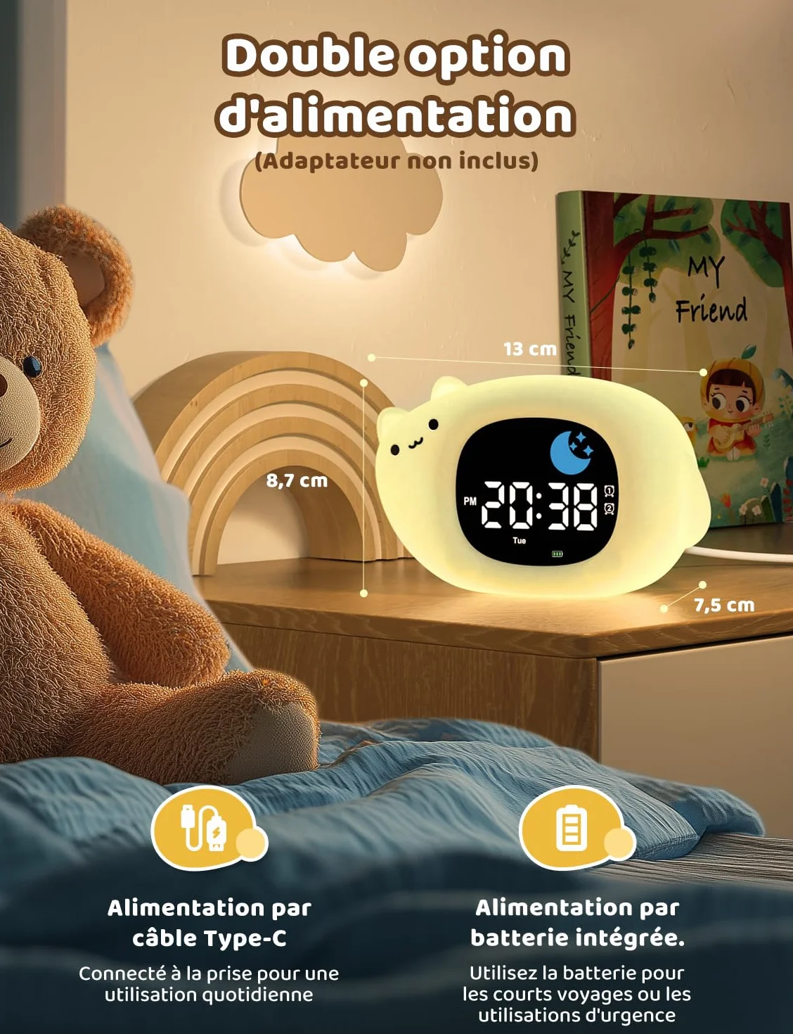 YISSVIC Réveil Enfant Educatif Jour Nuit 2 Alarme 12/24 Heure Snooze Luminosité Réglable 7 Couleurs 10 Chansons Chat
