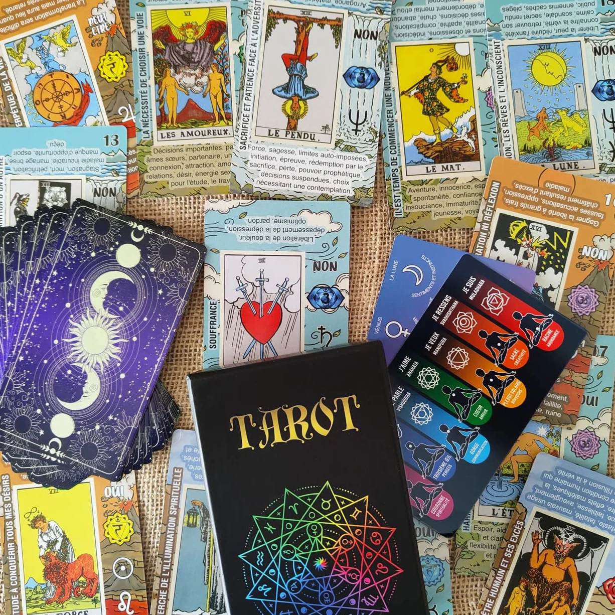Tarot Debutant francais – Jeu Tarot Facile a Lire – Cartes Tarot avec Significations Imprimees, Oui ou Non, Astrologie, Planetes et Chakras